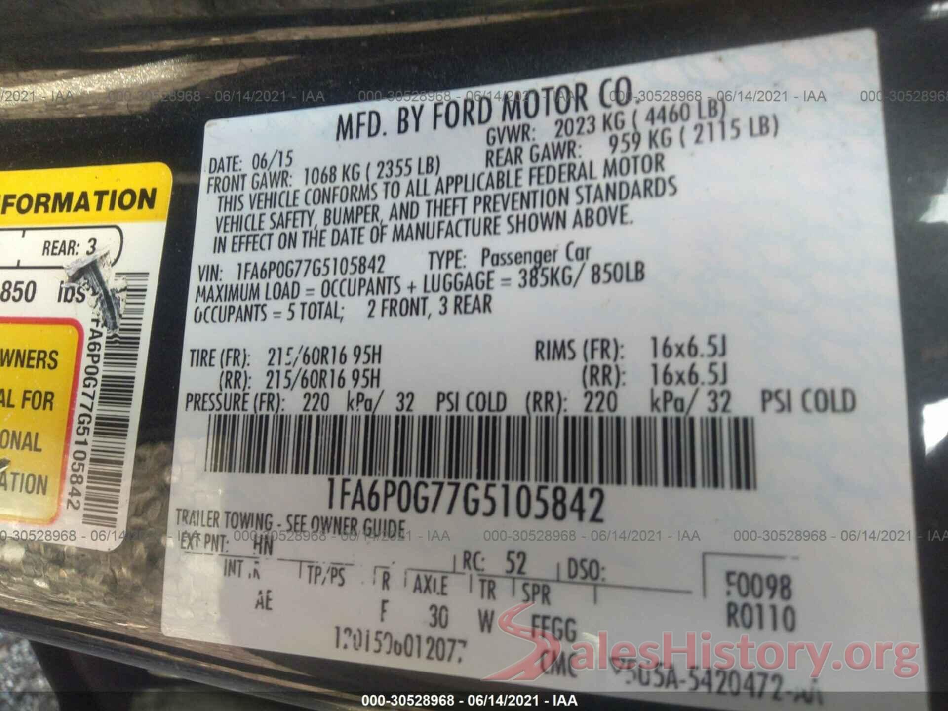 1FA6P0G77G5105842 2016 FORD FUSION