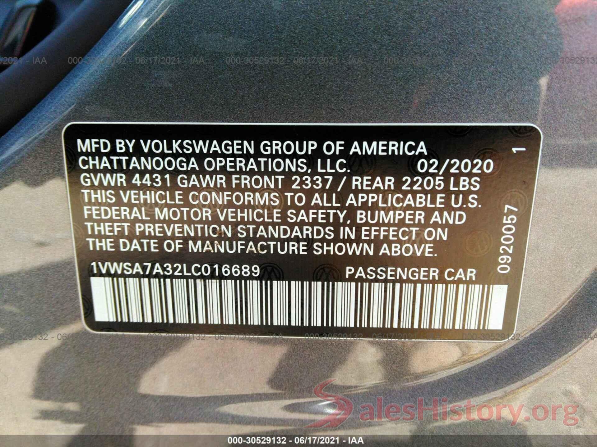 1VWSA7A32LC016689 2020 VOLKSWAGEN PASSAT