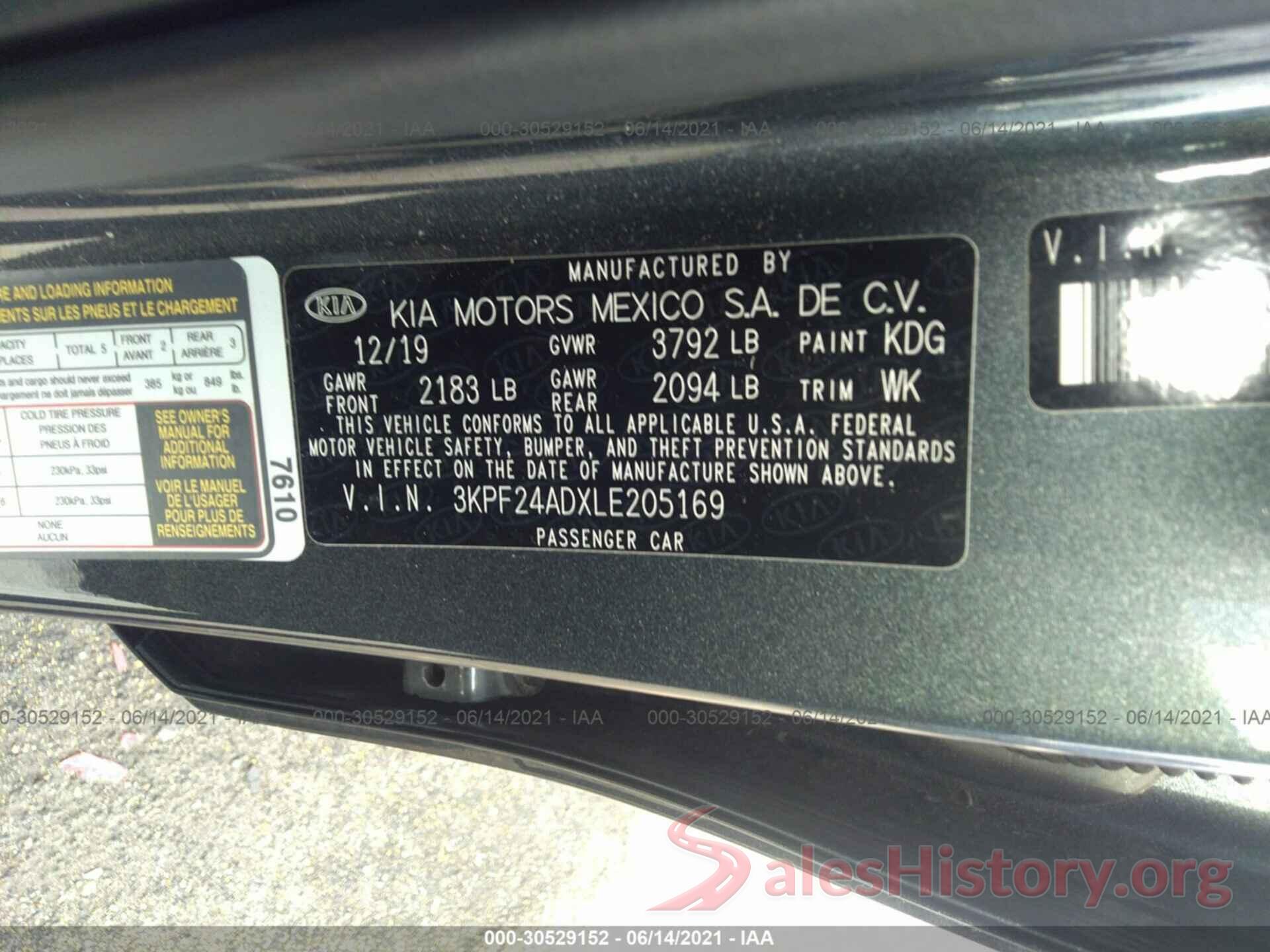 3KPF24ADXLE205169 2020 KIA FORTE