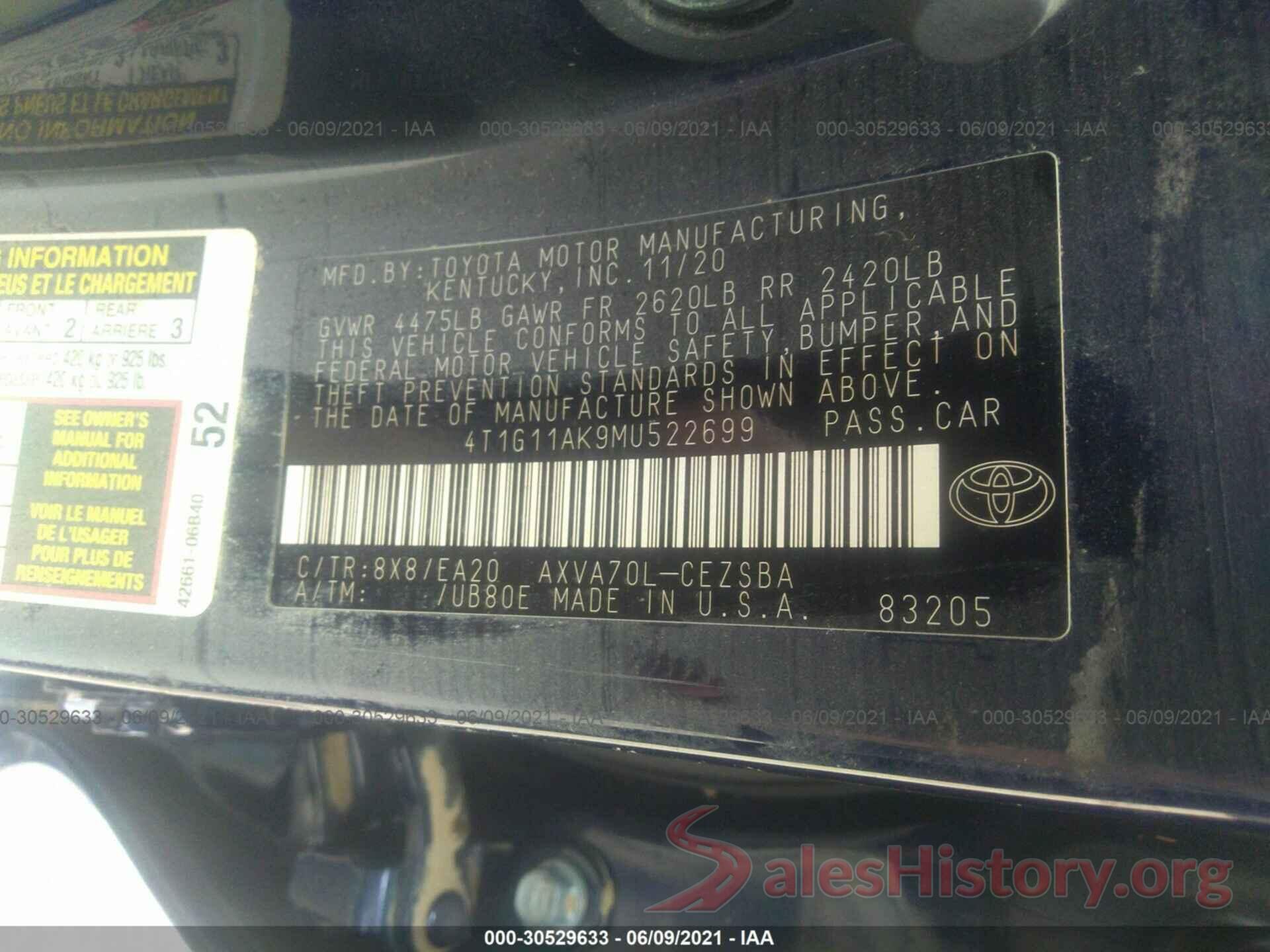 4T1G11AK9MU522699 2021 TOYOTA CAMRY