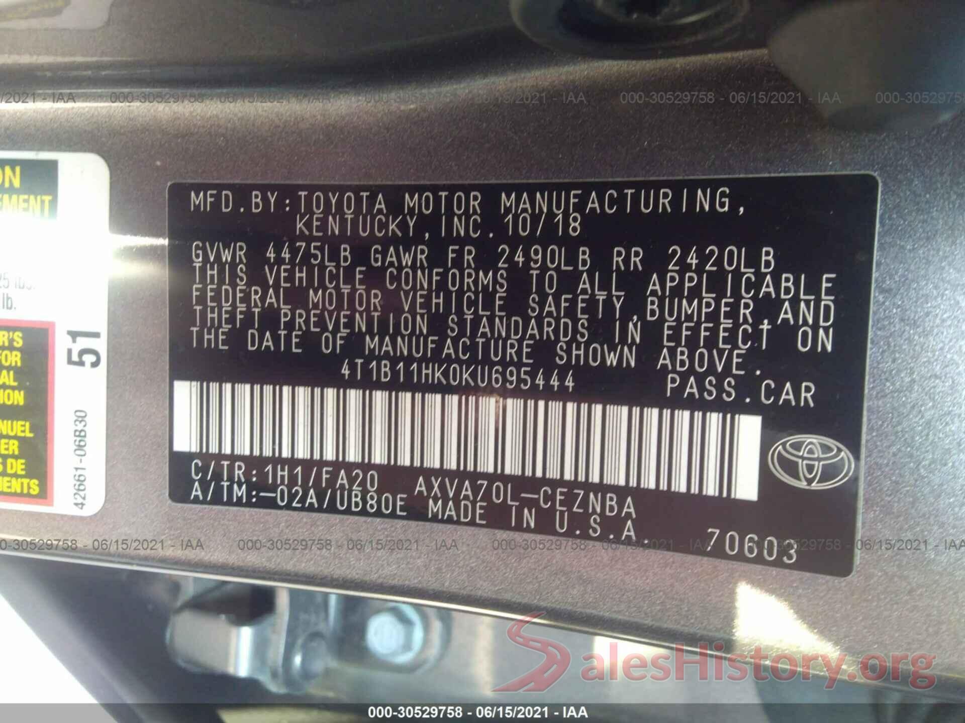 4T1B11HK0KU695444 2019 TOYOTA CAMRY