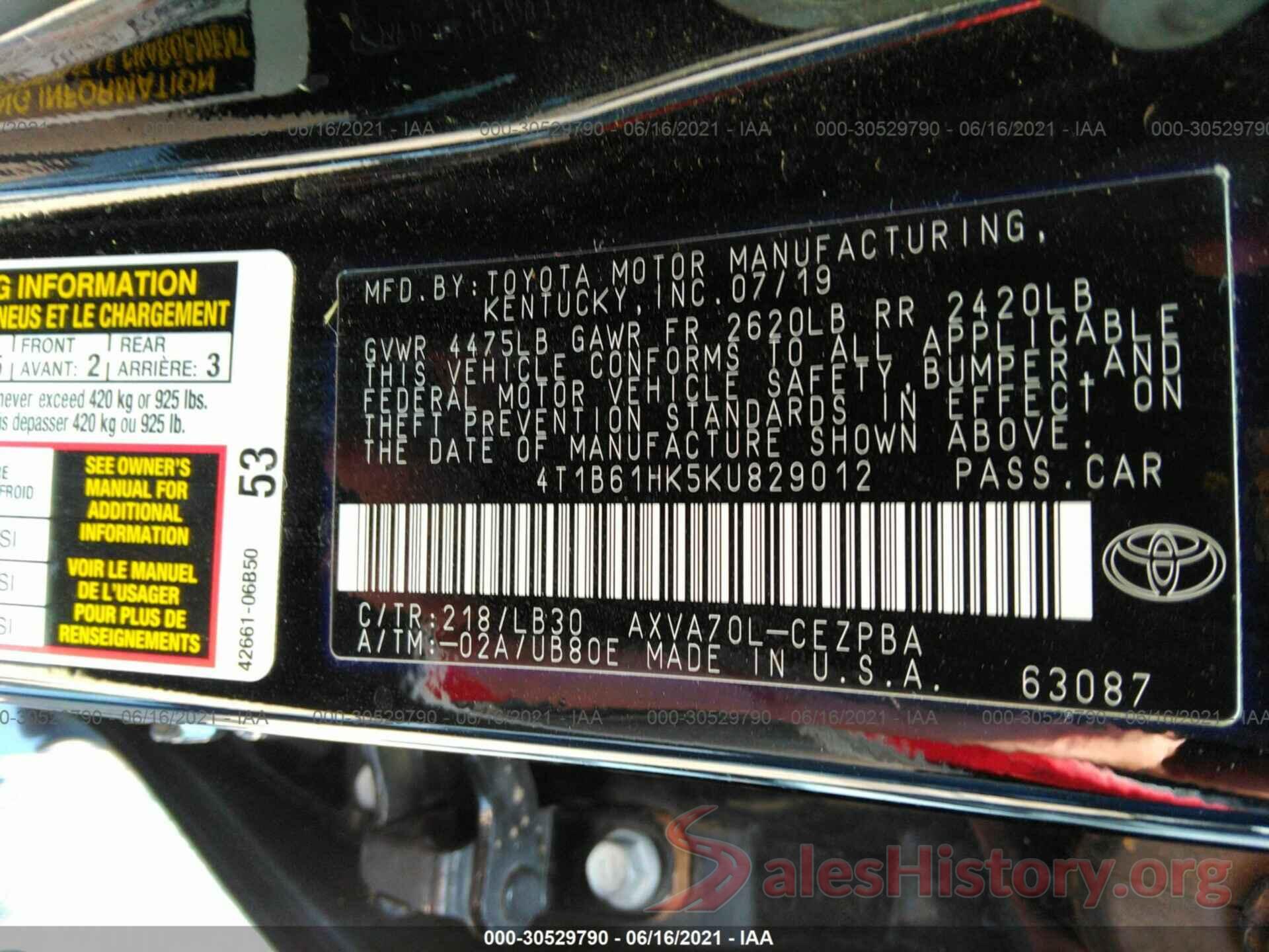 4T1B61HK5KU829012 2019 TOYOTA CAMRY