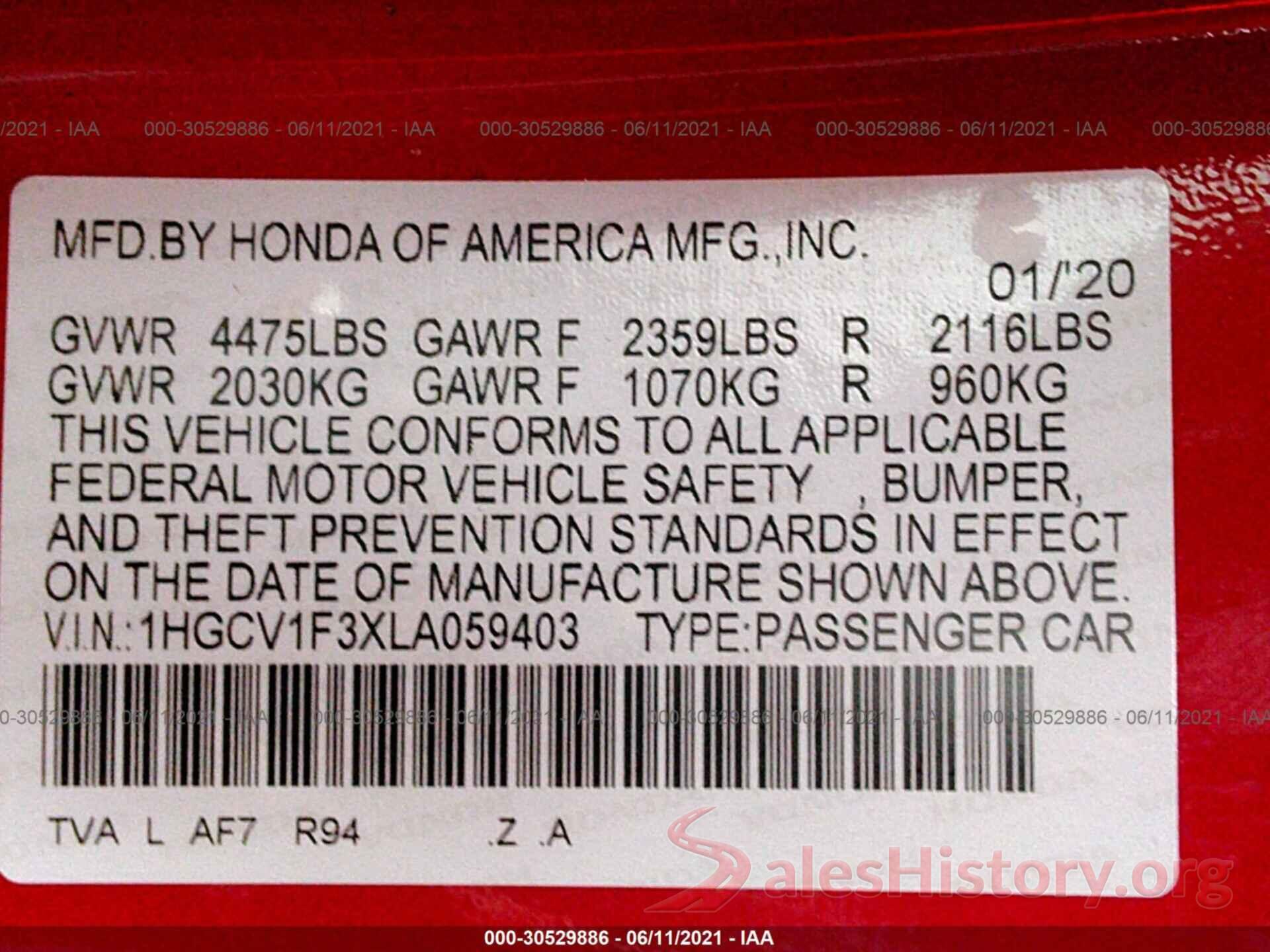 1HGCV1F3XLA059403 2020 HONDA ACCORD SEDAN