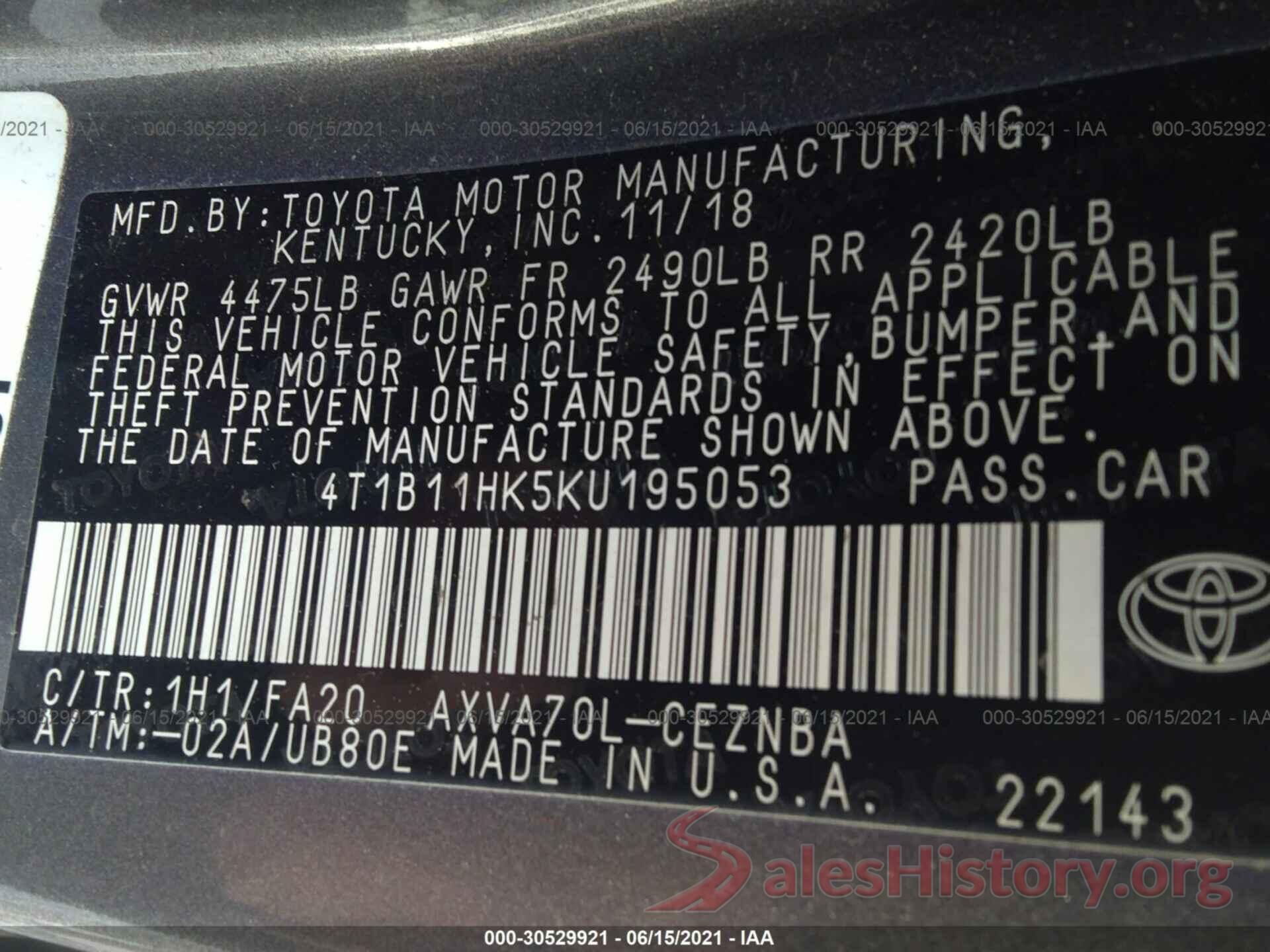 4T1B11HK5KU195053 2019 TOYOTA CAMRY