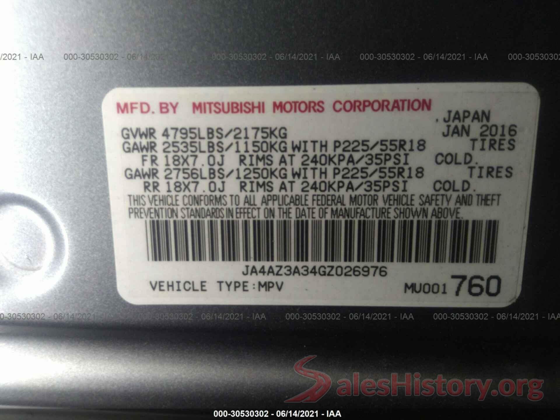 JA4AZ3A34GZ026976 2016 MITSUBISHI OUTLANDER