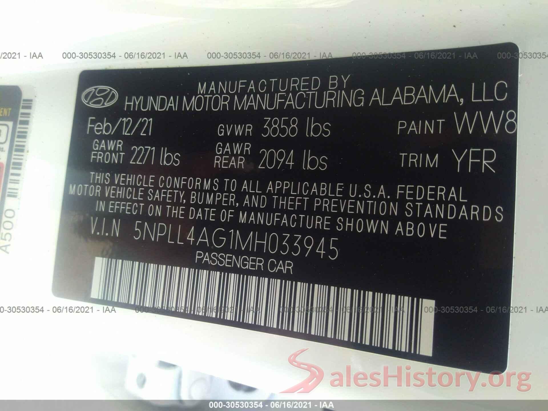 5NPLL4AG1MH033945 2021 HYUNDAI ELANTRA