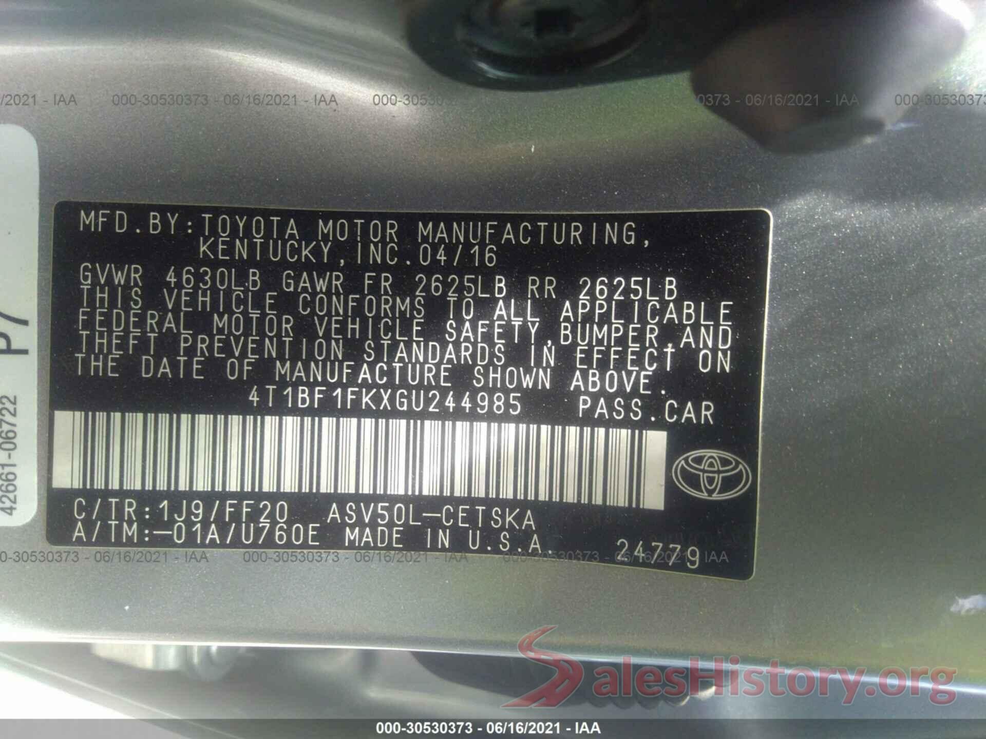 4T1BF1FKXGU244985 2016 TOYOTA CAMRY