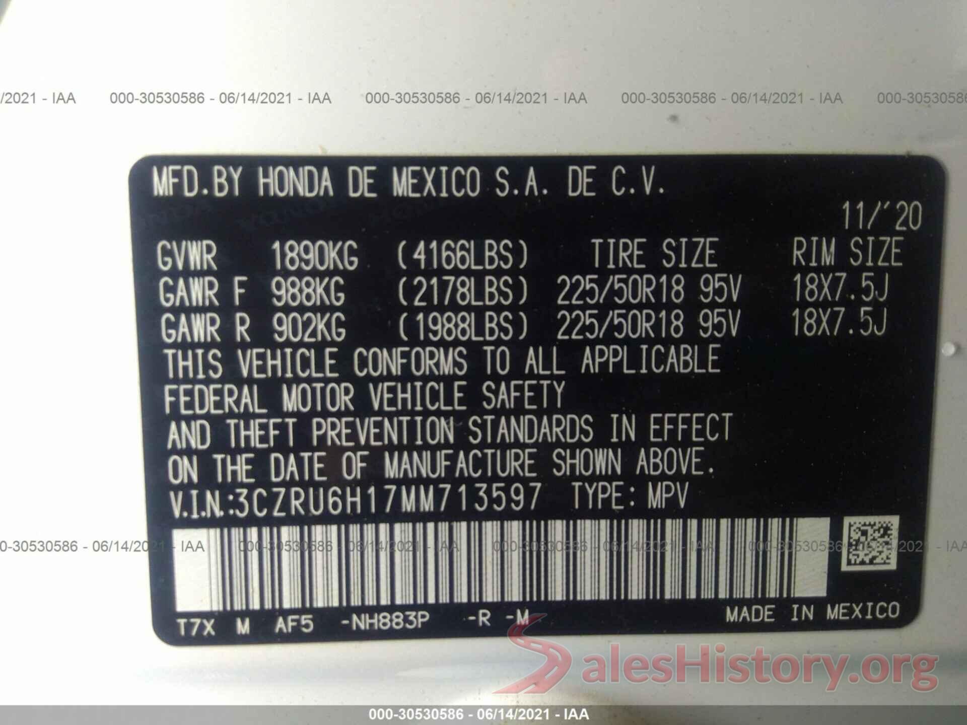 3CZRU6H17MM713597 2021 HONDA HR-V