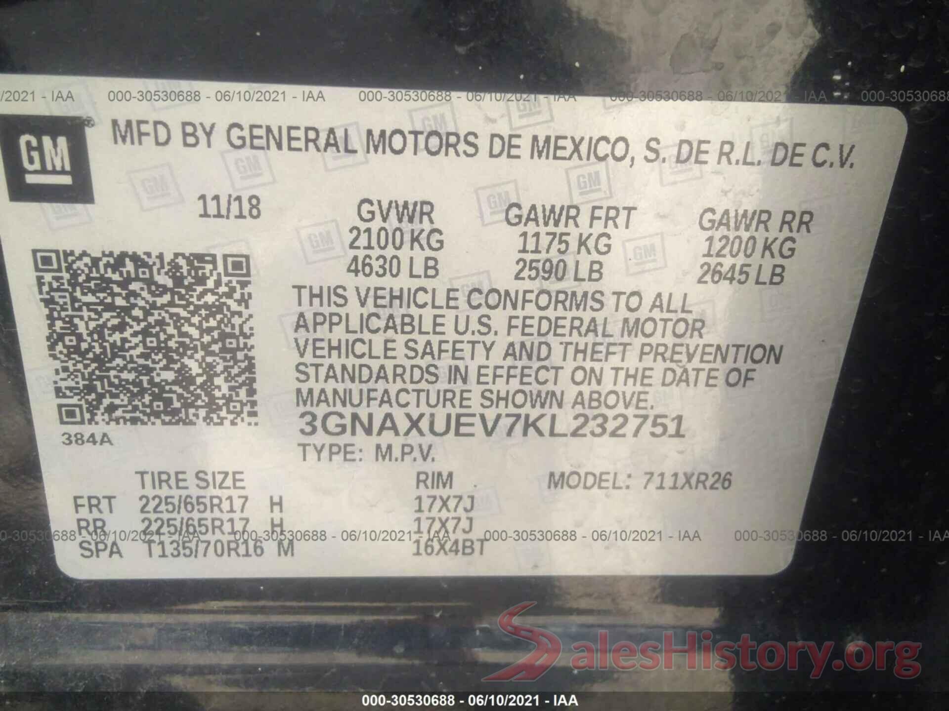 3GNAXUEV7KL232751 2019 CHEVROLET EQUINOX