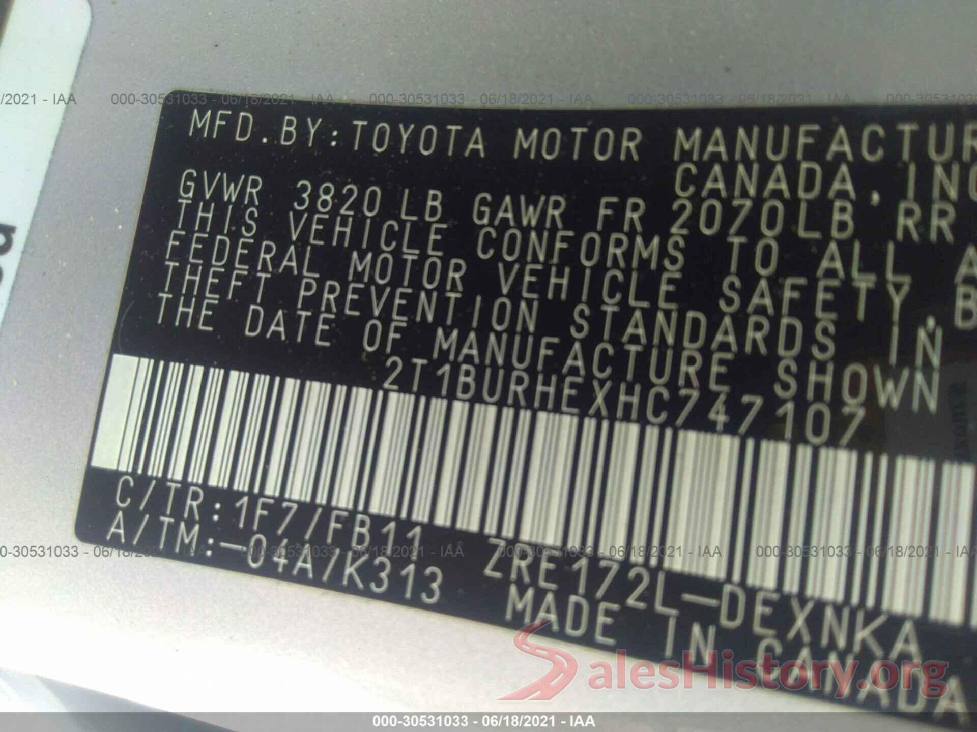 2T1BURHEXHC747107 2017 TOYOTA COROLLA