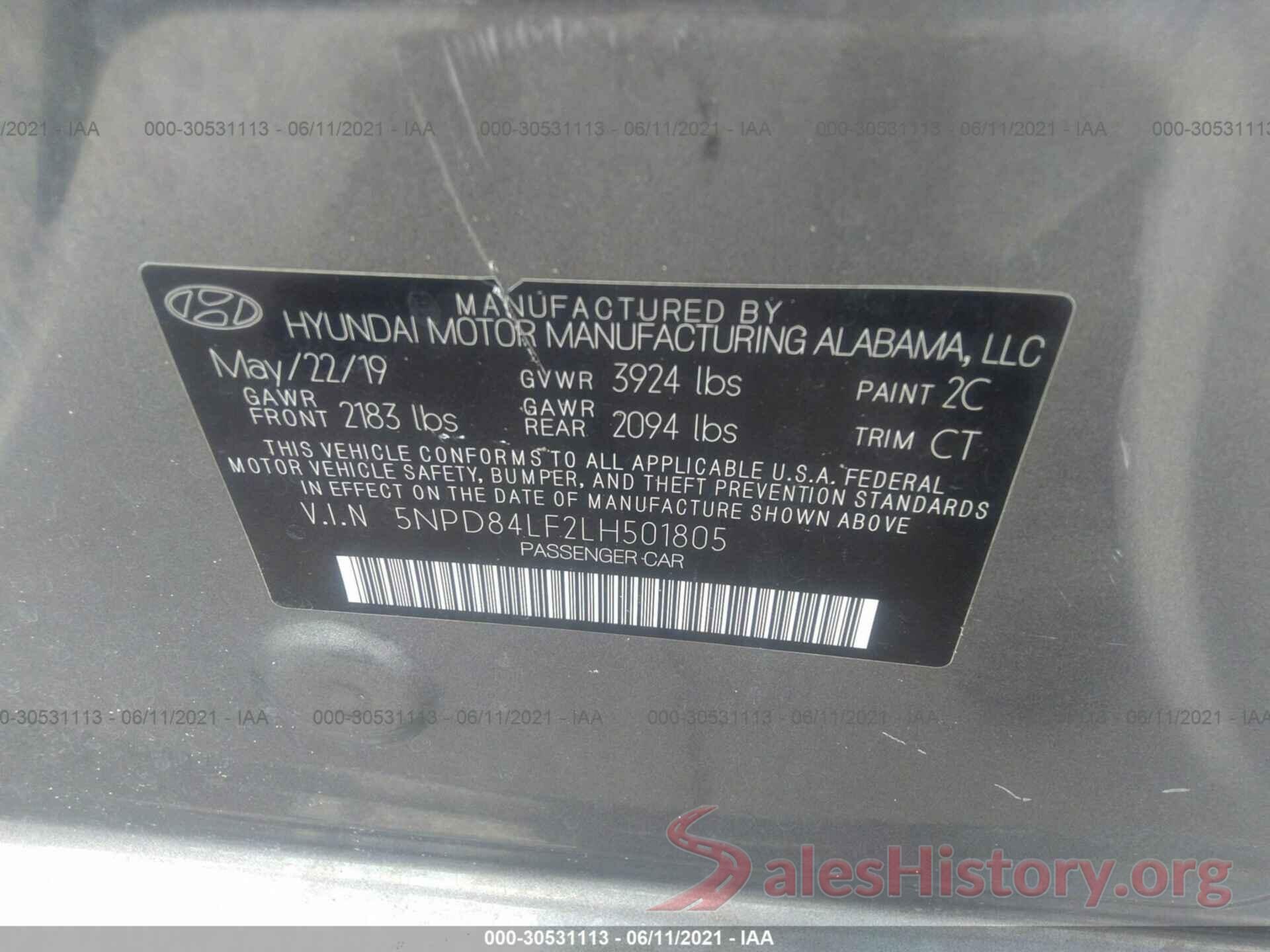 5NPD84LF2LH501805 2020 HYUNDAI ELANTRA