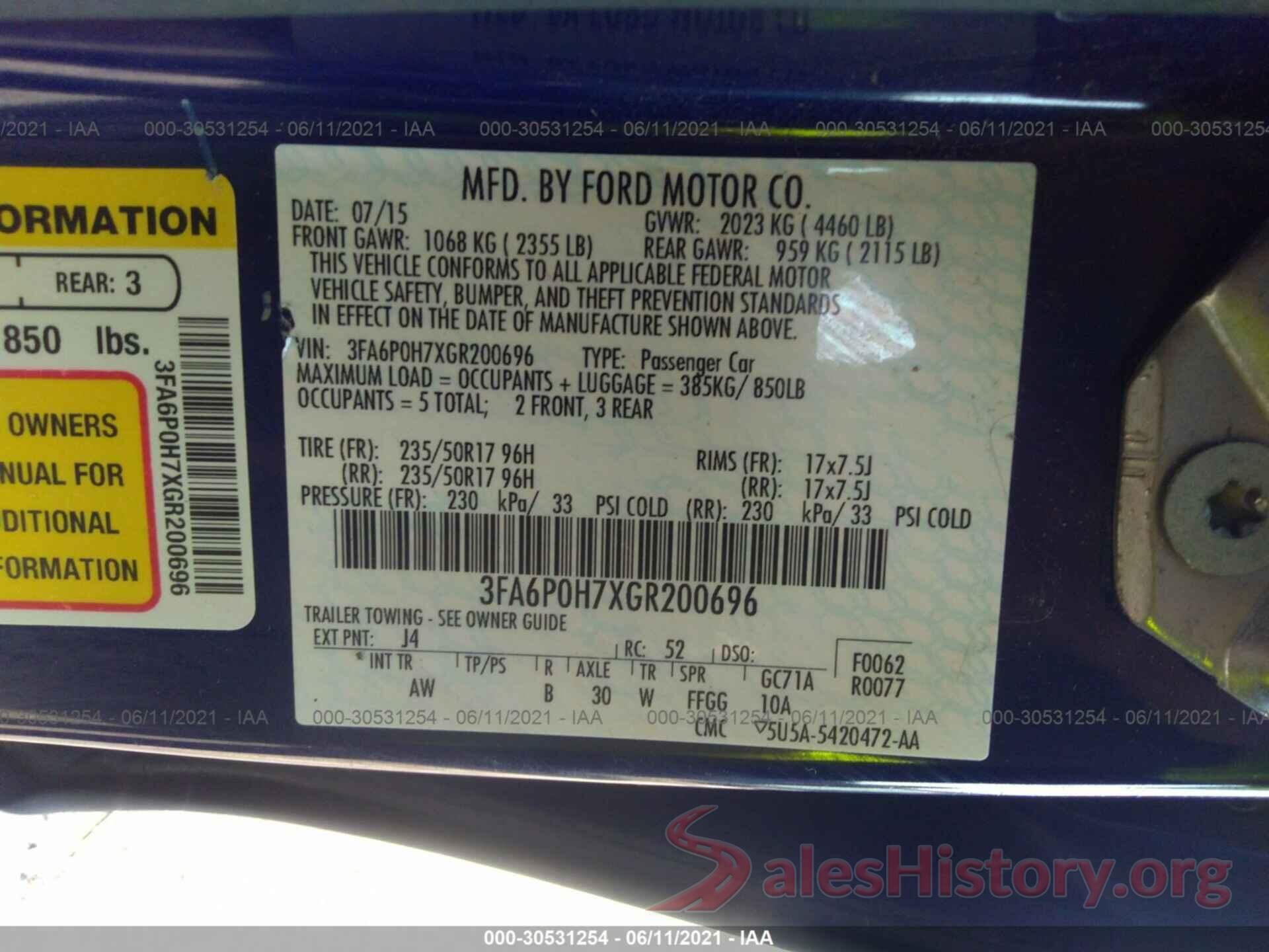 3FA6P0H7XGR200696 2016 FORD FUSION