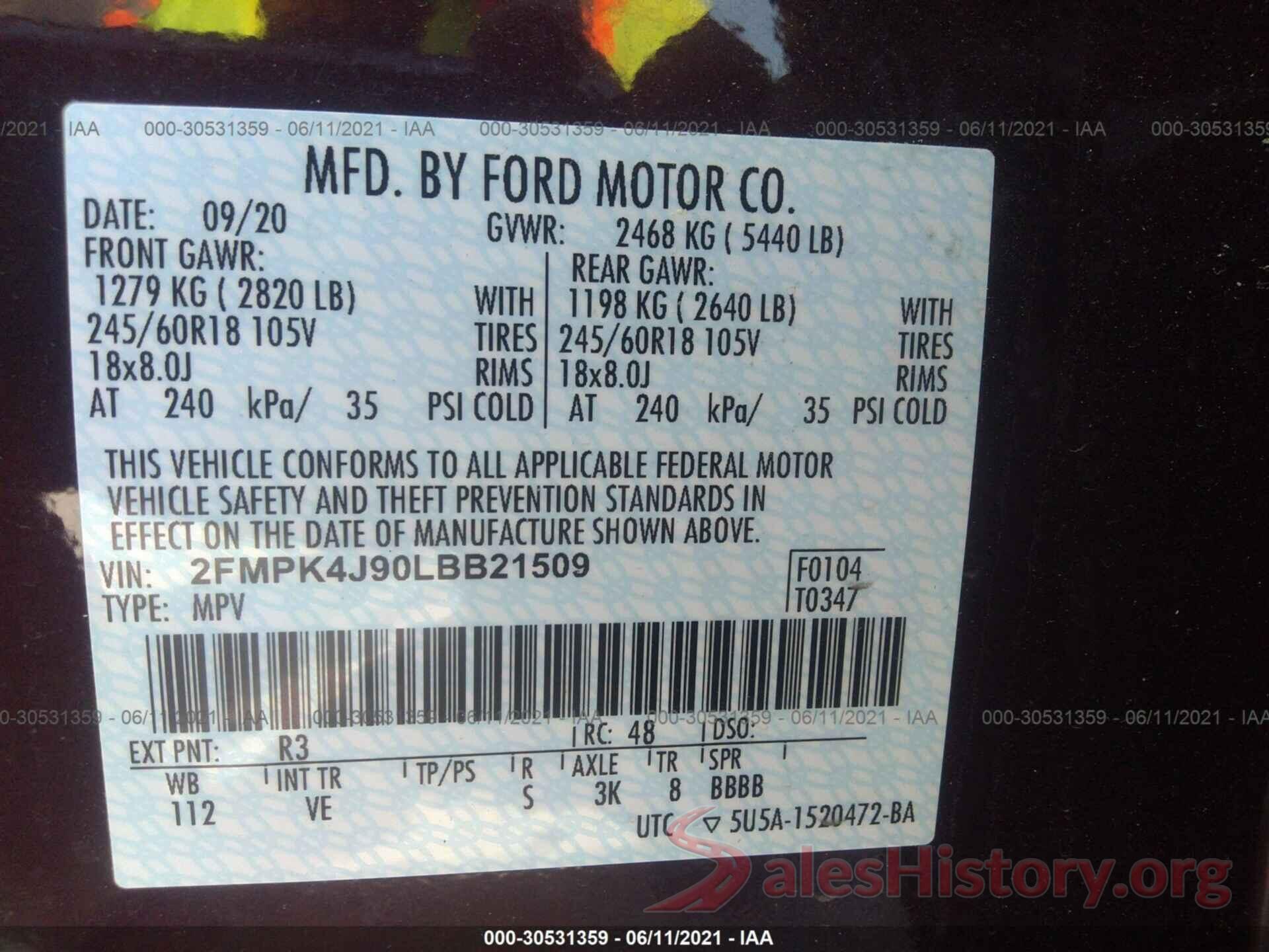 2FMPK4J90LBB21509 2020 FORD EDGE