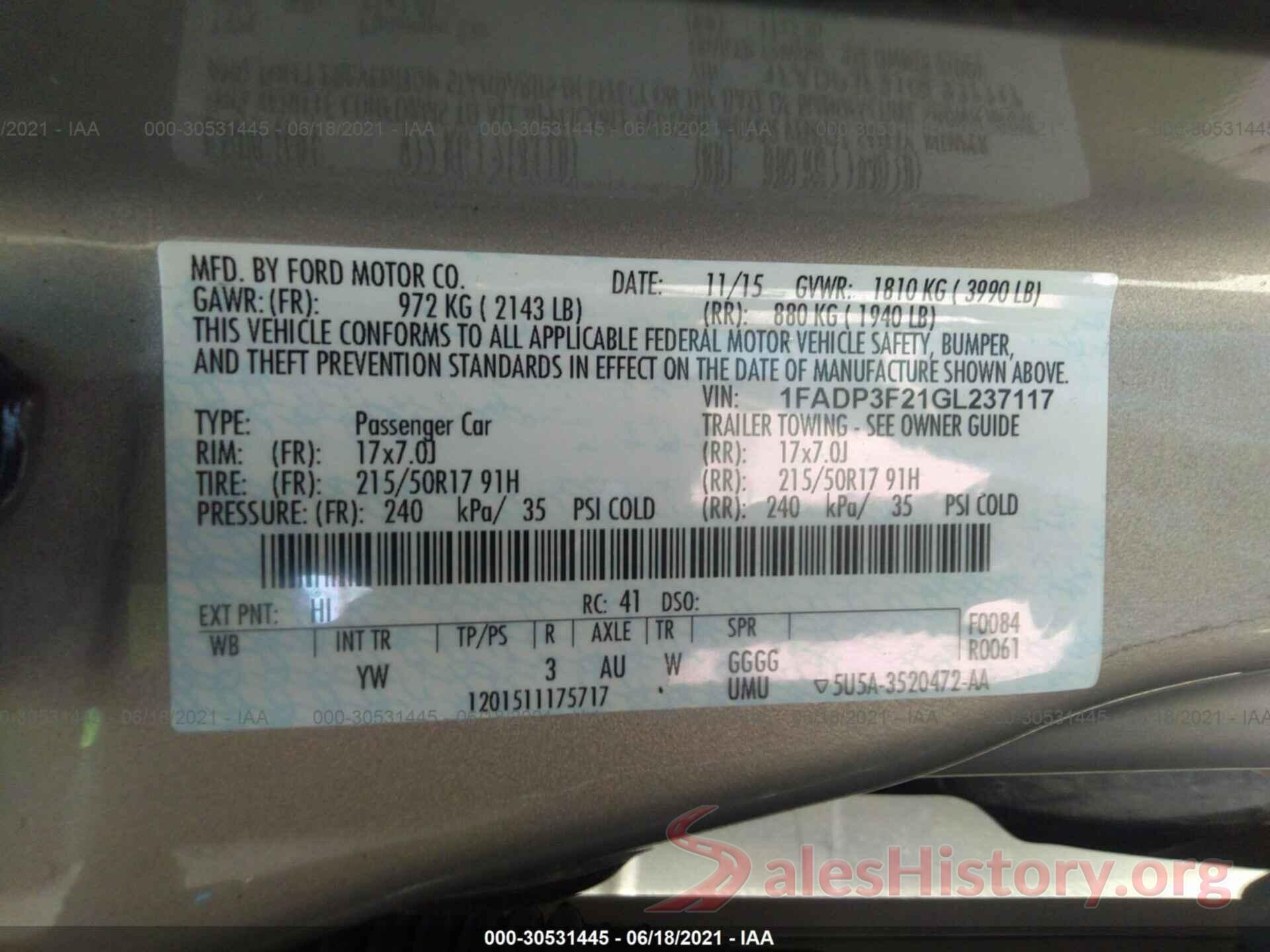 1FADP3F21GL237117 2016 FORD FOCUS