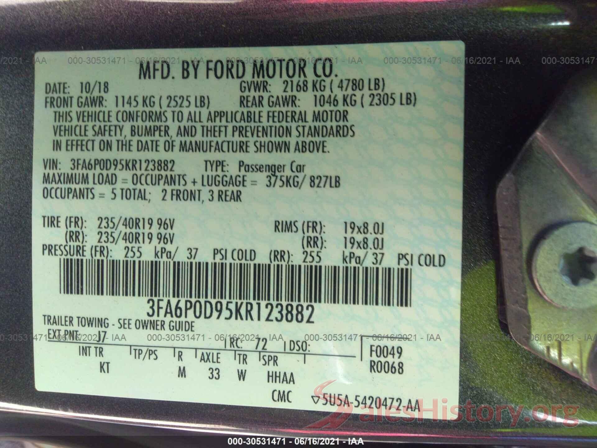 3FA6P0D95KR123882 2019 FORD FUSION