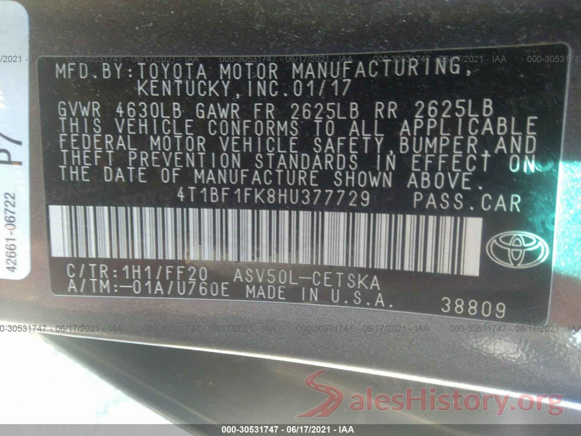 4T1BF1FK8HU377729 2017 TOYOTA CAMRY