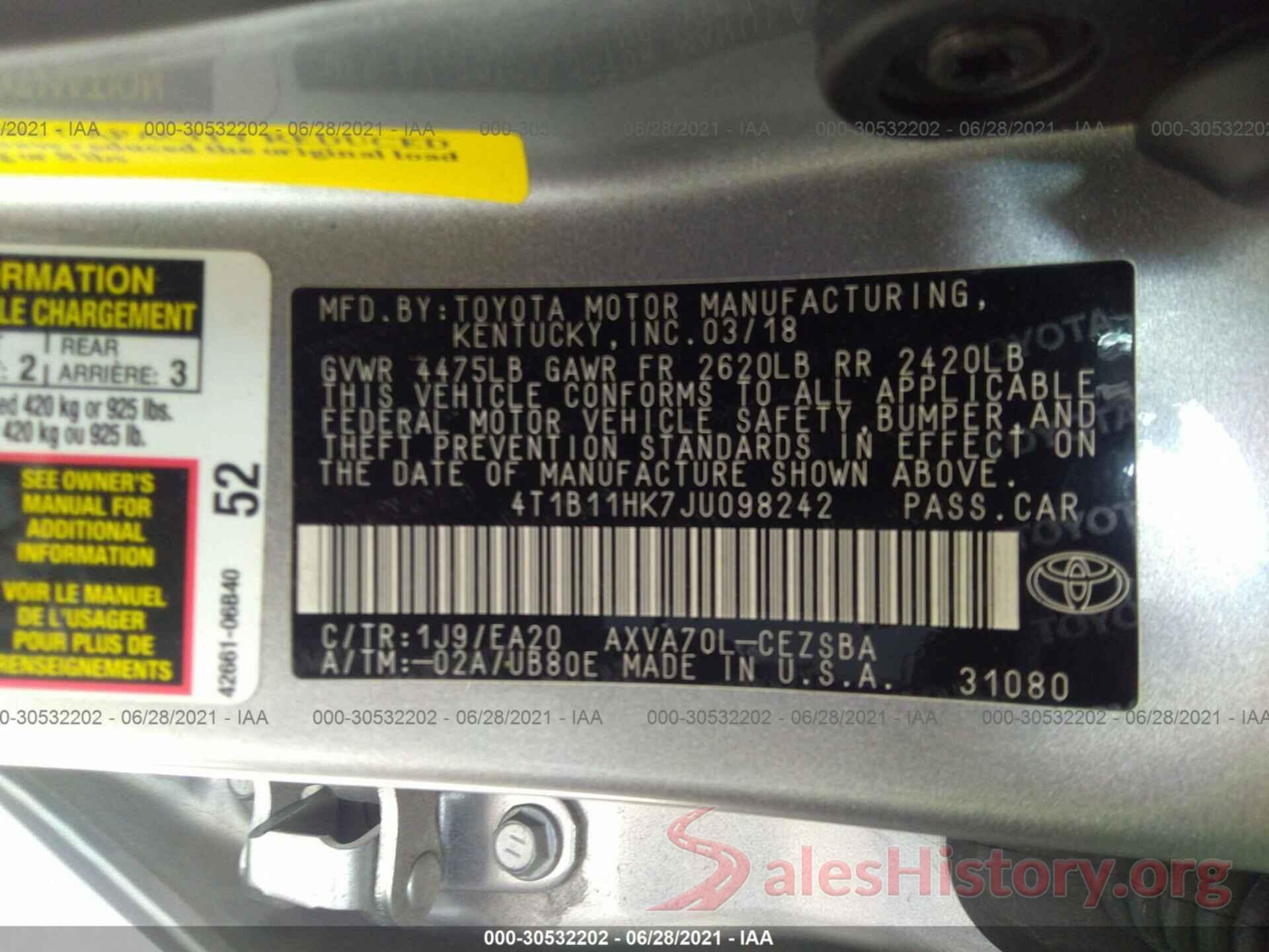 4T1B11HK7JU098242 2018 TOYOTA CAMRY