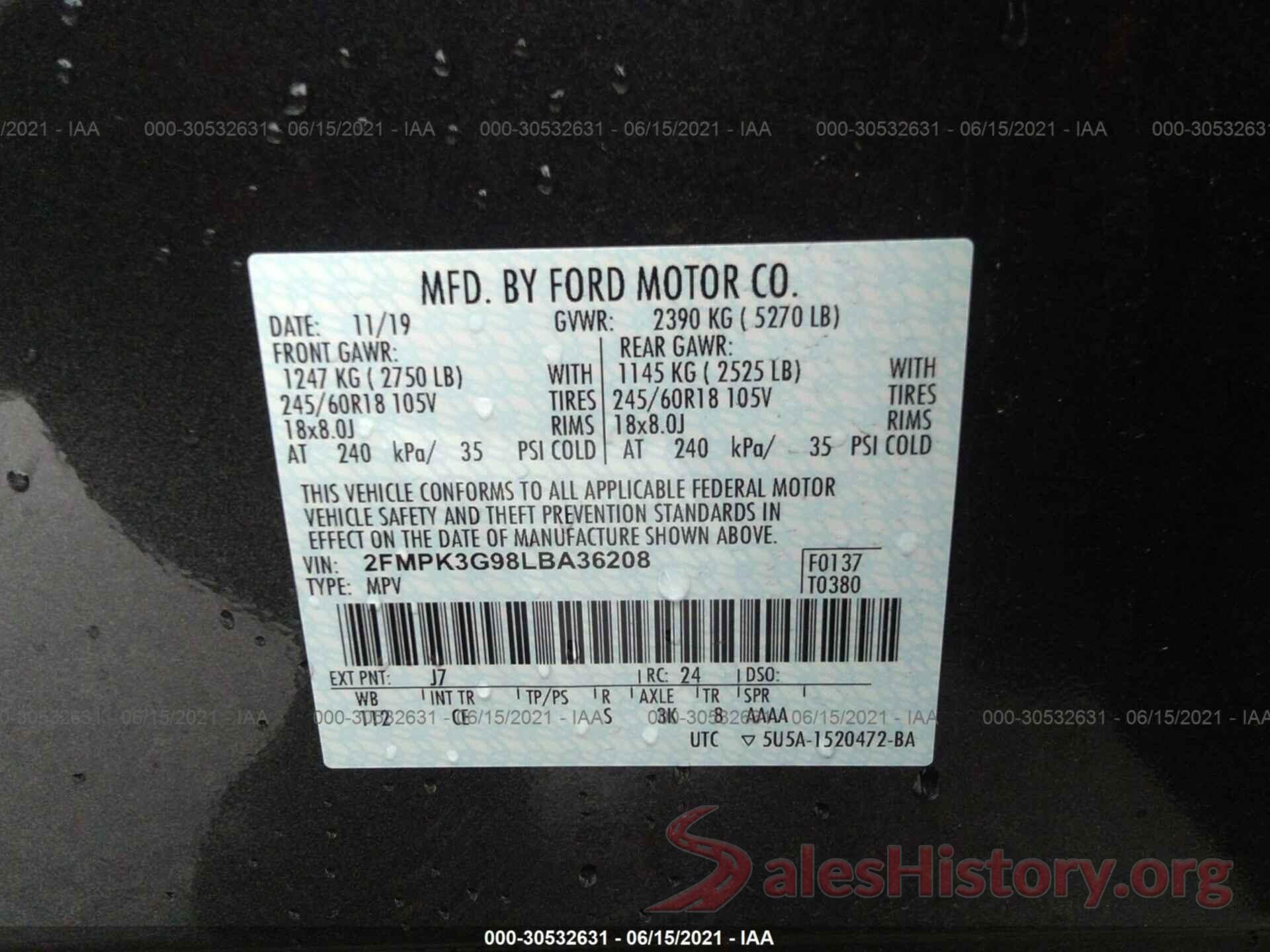 2FMPK3G98LBA36208 2020 FORD EDGE