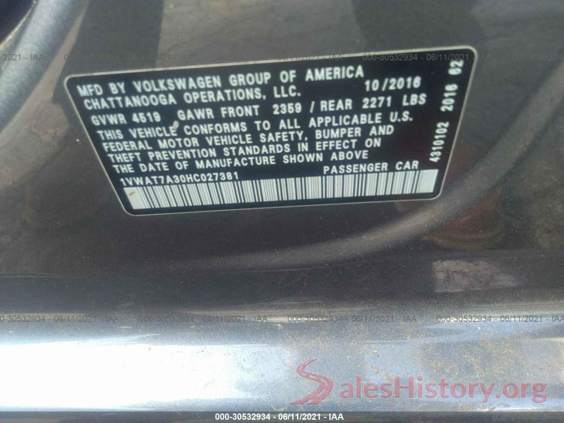 1VWAT7A30HC027381 2017 VOLKSWAGEN PASSAT