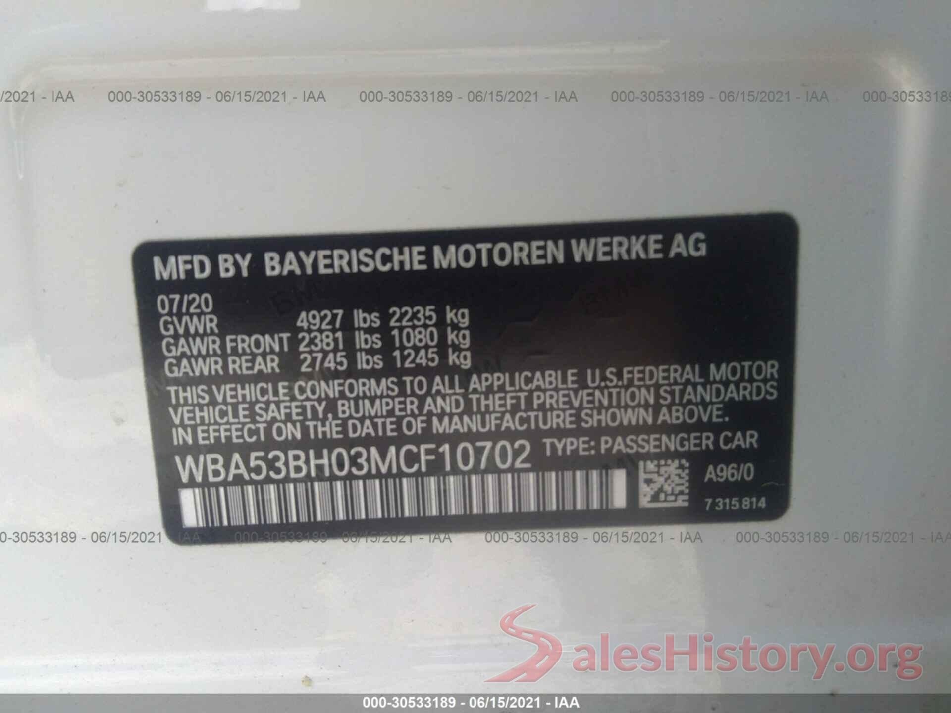 WBA53BH03MCF10702 2021 BMW 5 SERIES