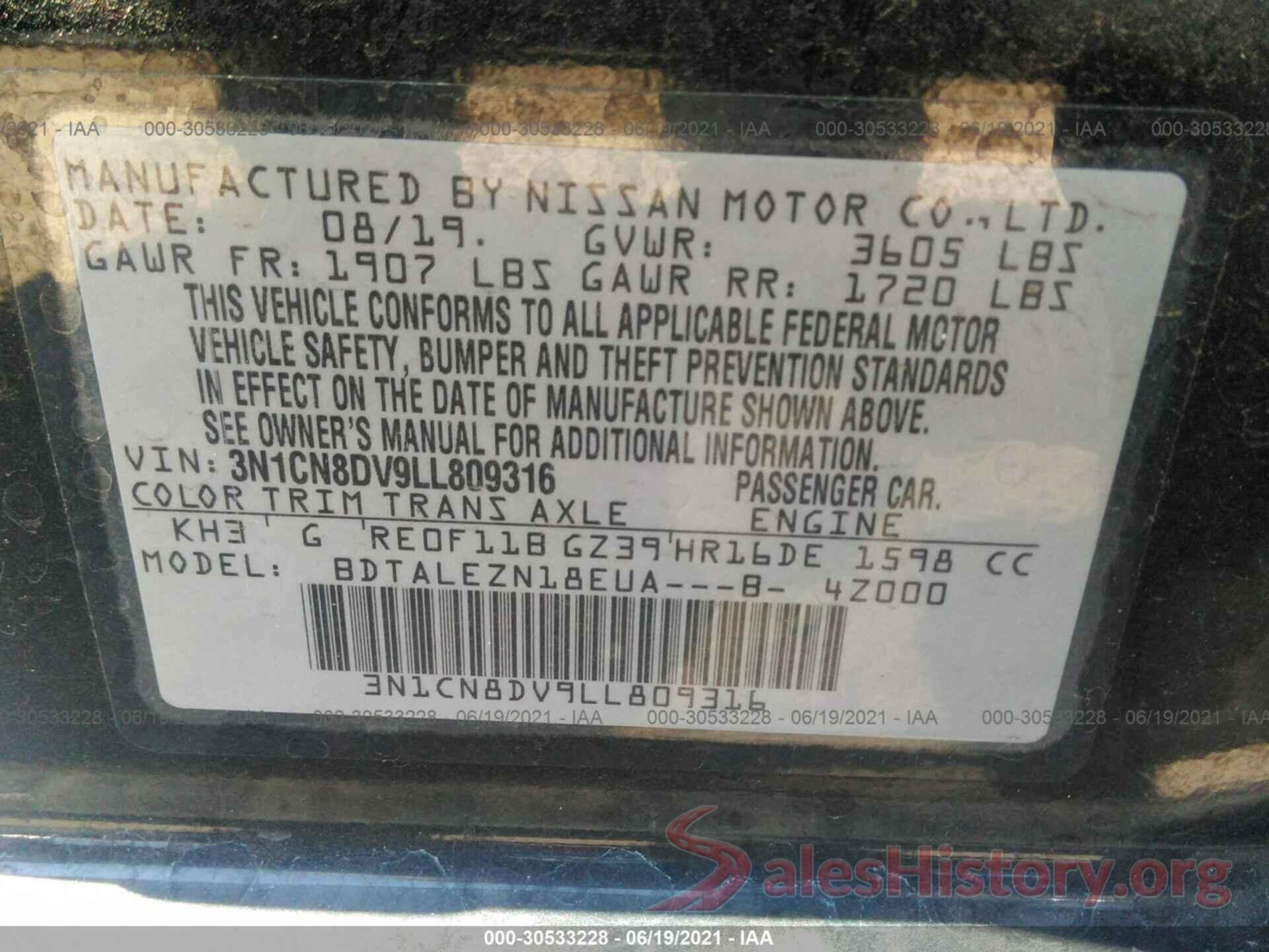 3N1CN8DV9LL809316 2020 NISSAN VERSA