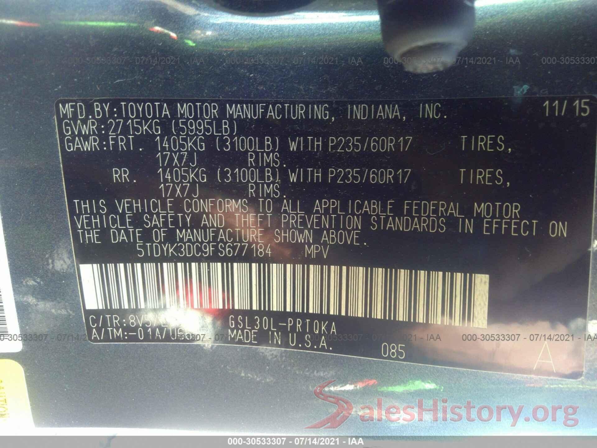 5TDYK3DC9FS677184 2015 TOYOTA SIENNA