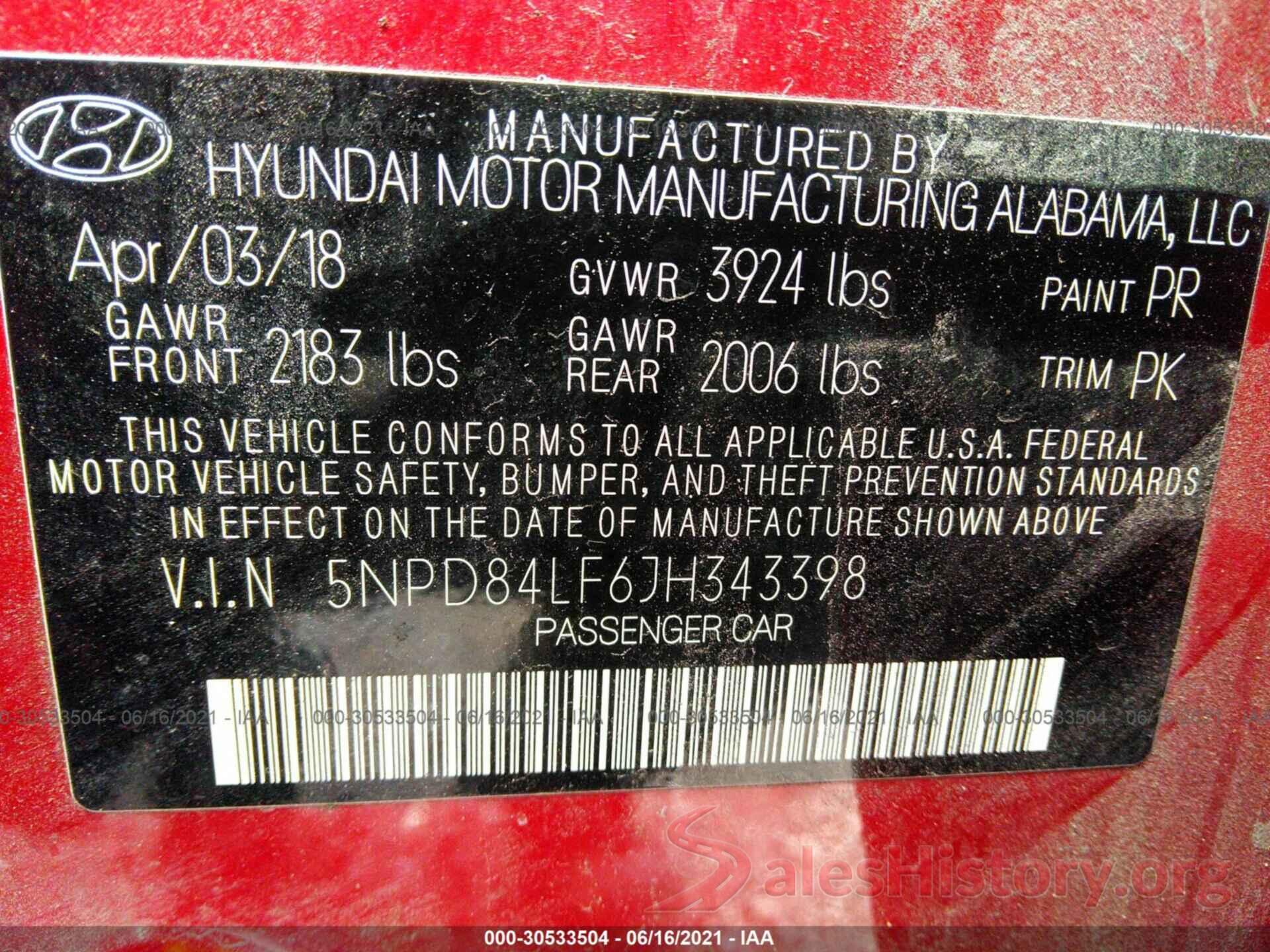 5NPD84LF6JH343398 2018 HYUNDAI ELANTRA