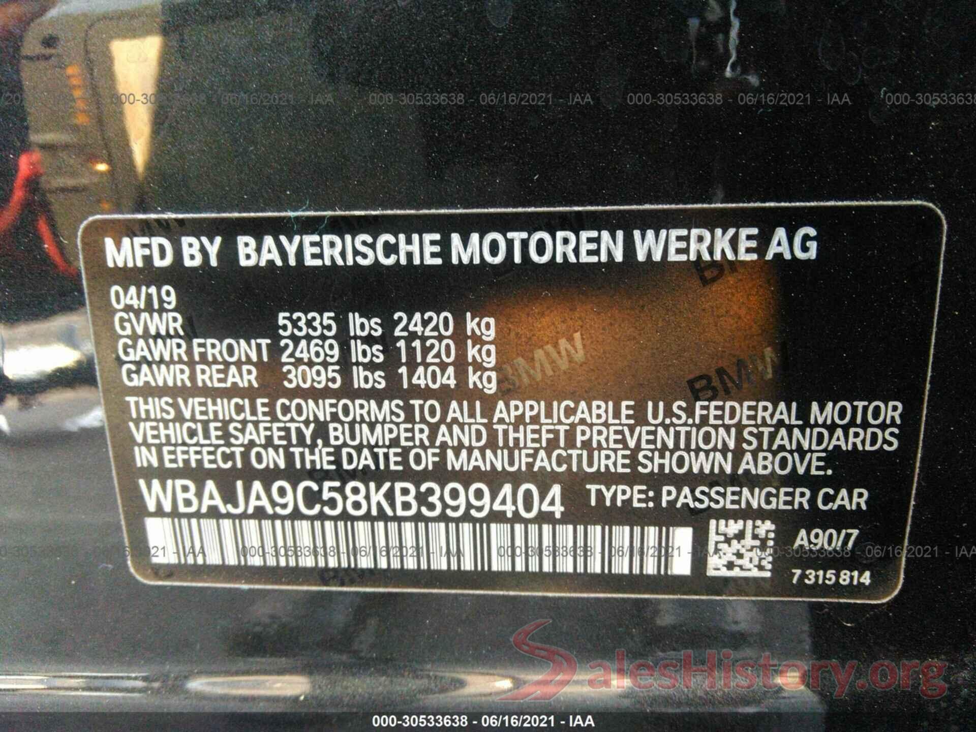 WBAJA9C58KB399404 2019 BMW 5 SERIES