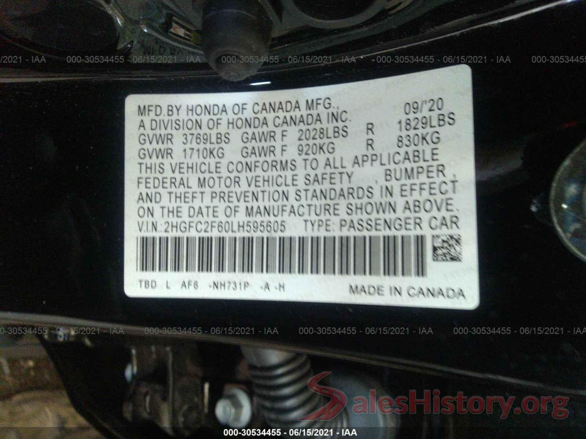 2HGFC2F60LH595605 2020 HONDA CIVIC SEDAN