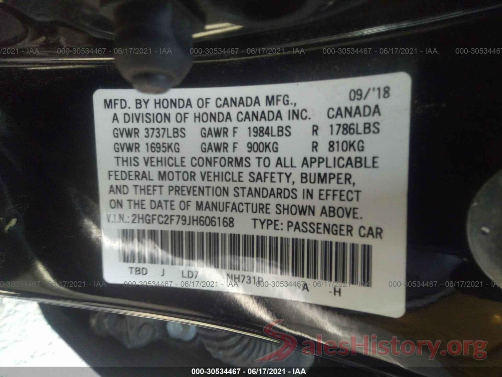 2HGFC2F79JH606168 2018 HONDA CIVIC SEDAN