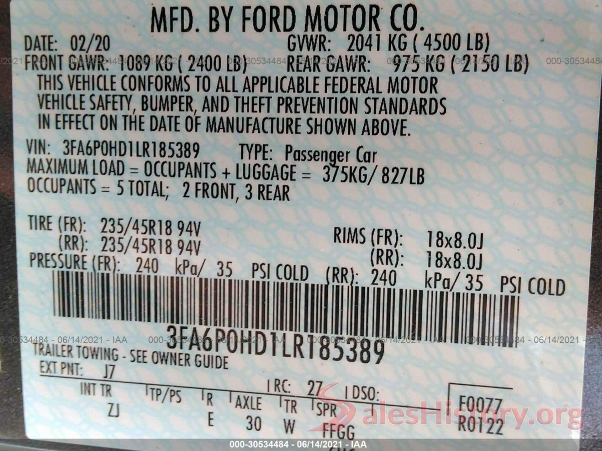 3FA6P0HD1LR185389 2020 FORD FUSION