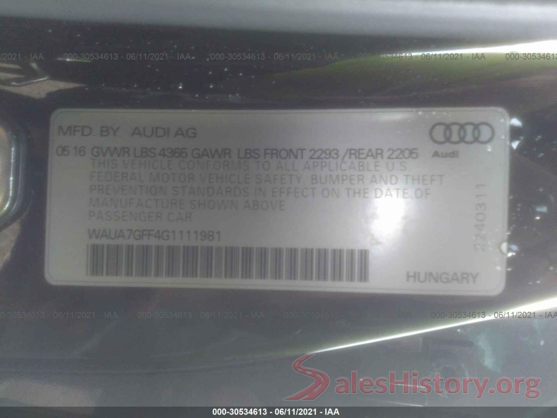 WAUA7GFF4G1111981 2016 AUDI A3