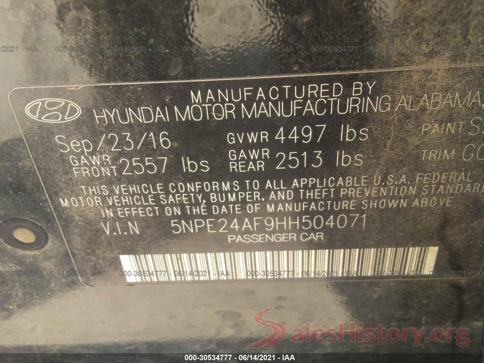 5NPE24AF9HH504071 2017 HYUNDAI SONATA