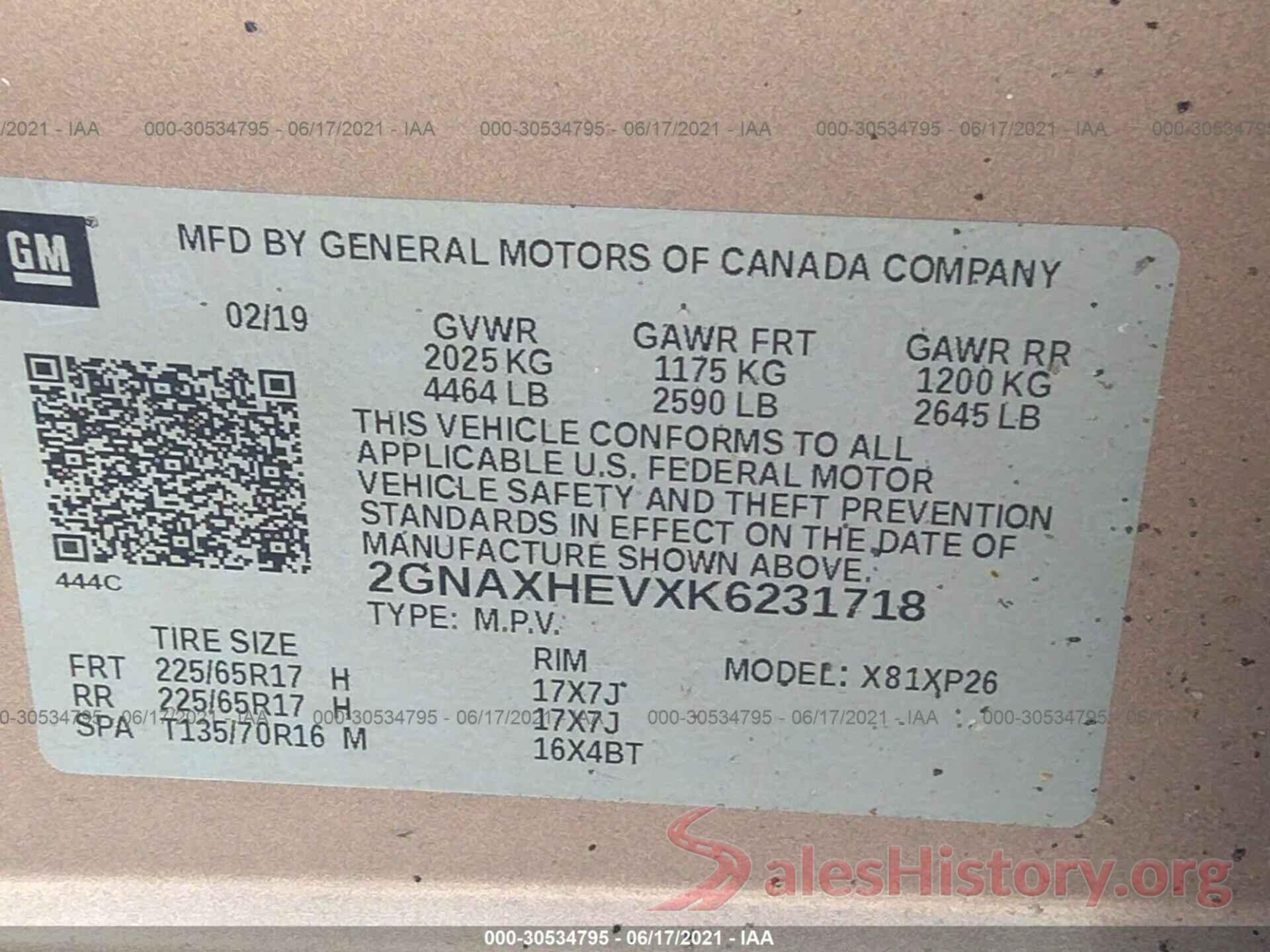 2GNAXHEVXK6231718 2019 CHEVROLET EQUINOX