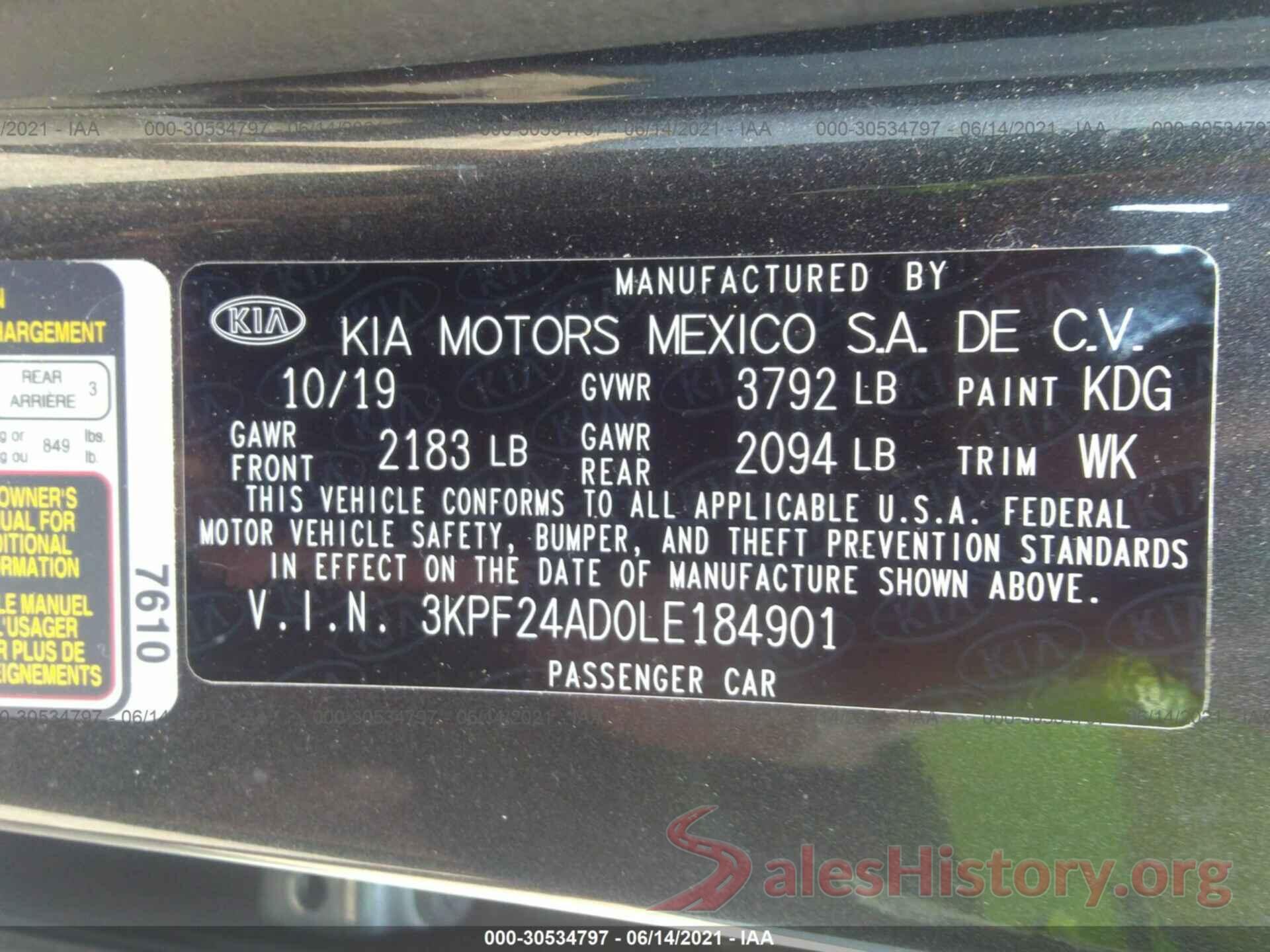 3KPF24AD0LE184901 2020 KIA FORTE