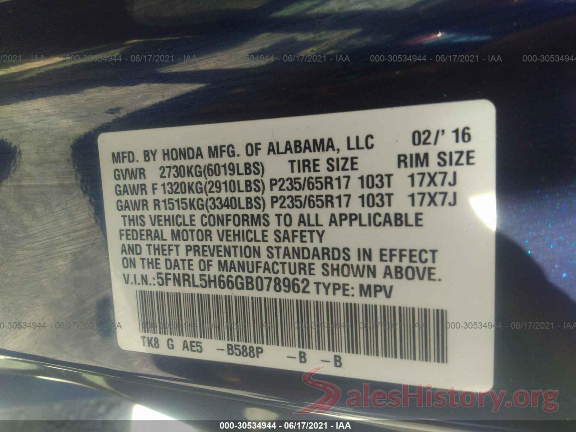 5FNRL5H66GB078962 2016 HONDA ODYSSEY