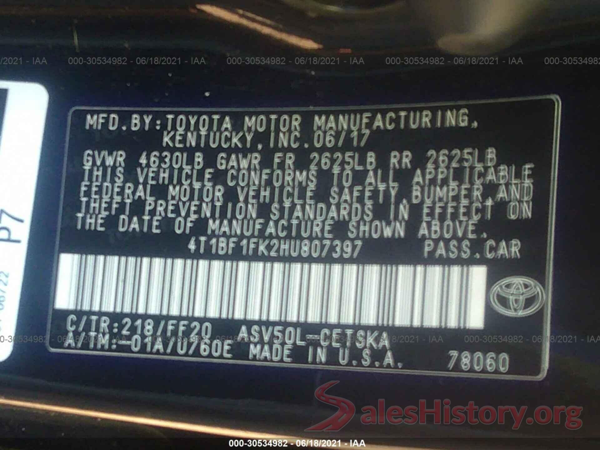 4T1BF1FK2HU807397 2017 TOYOTA CAMRY