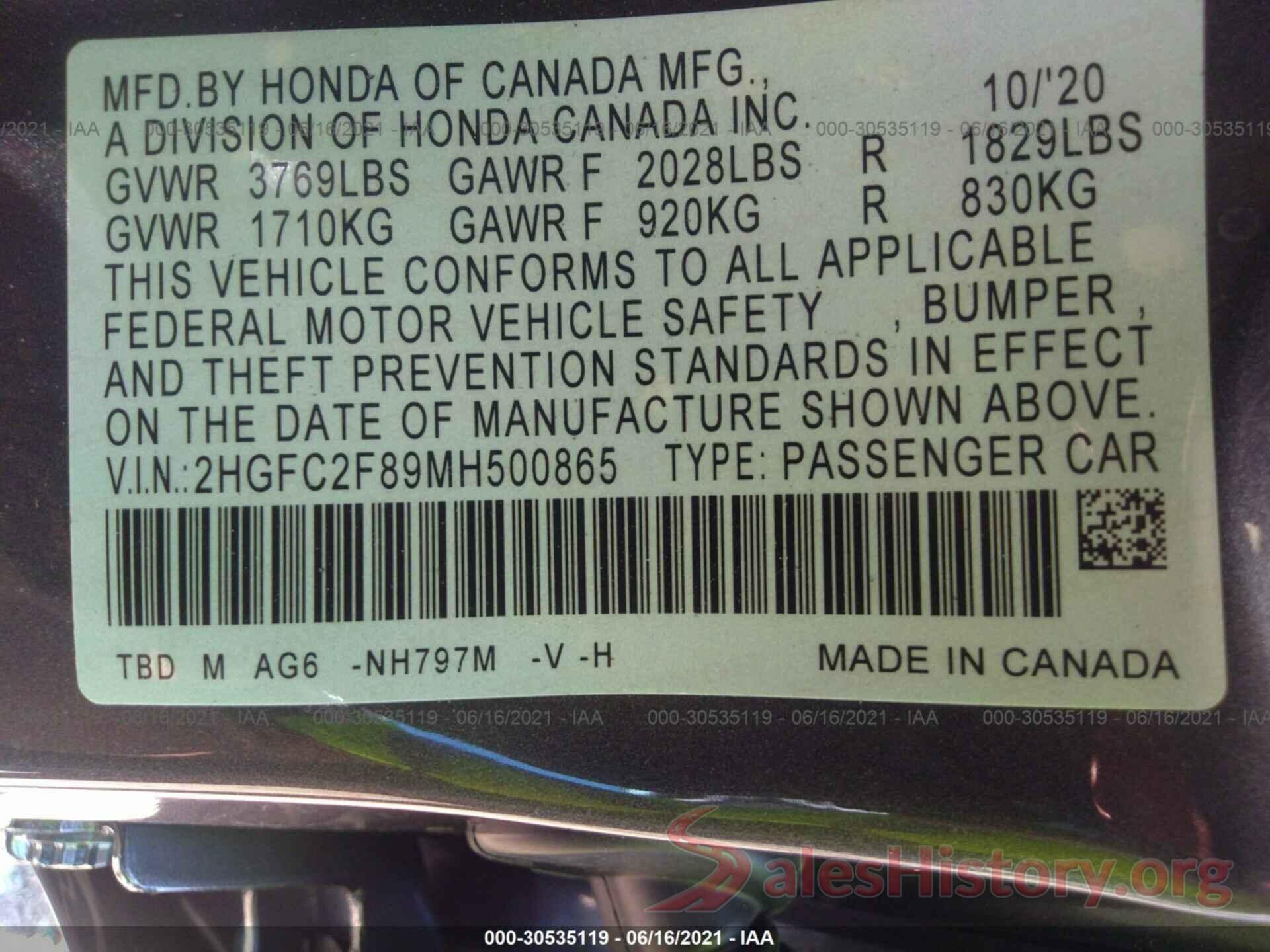 2HGFC2F89MH500865 2021 HONDA CIVIC SEDAN