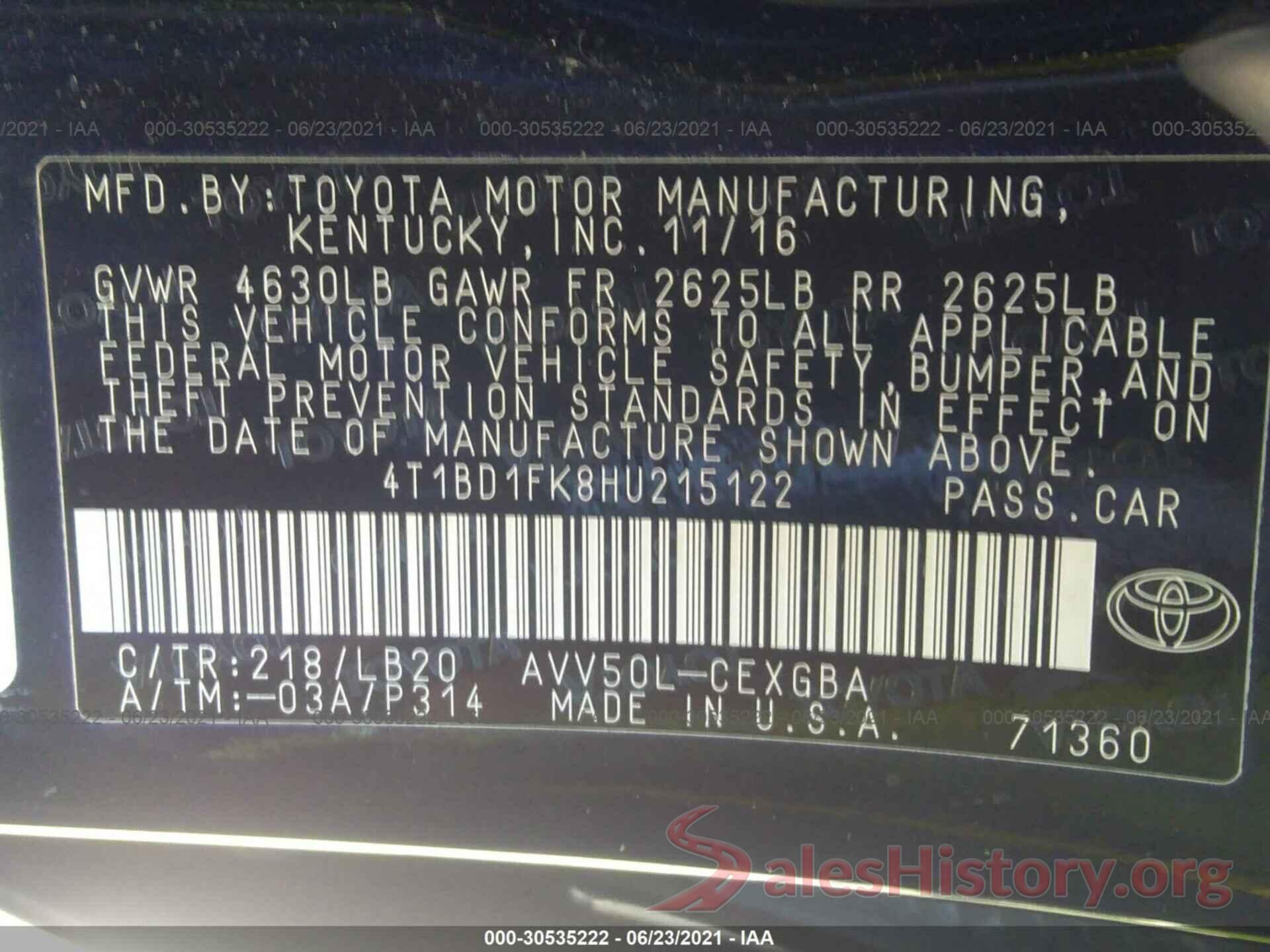 4T1BD1FK8HU215122 2017 TOYOTA CAMRY