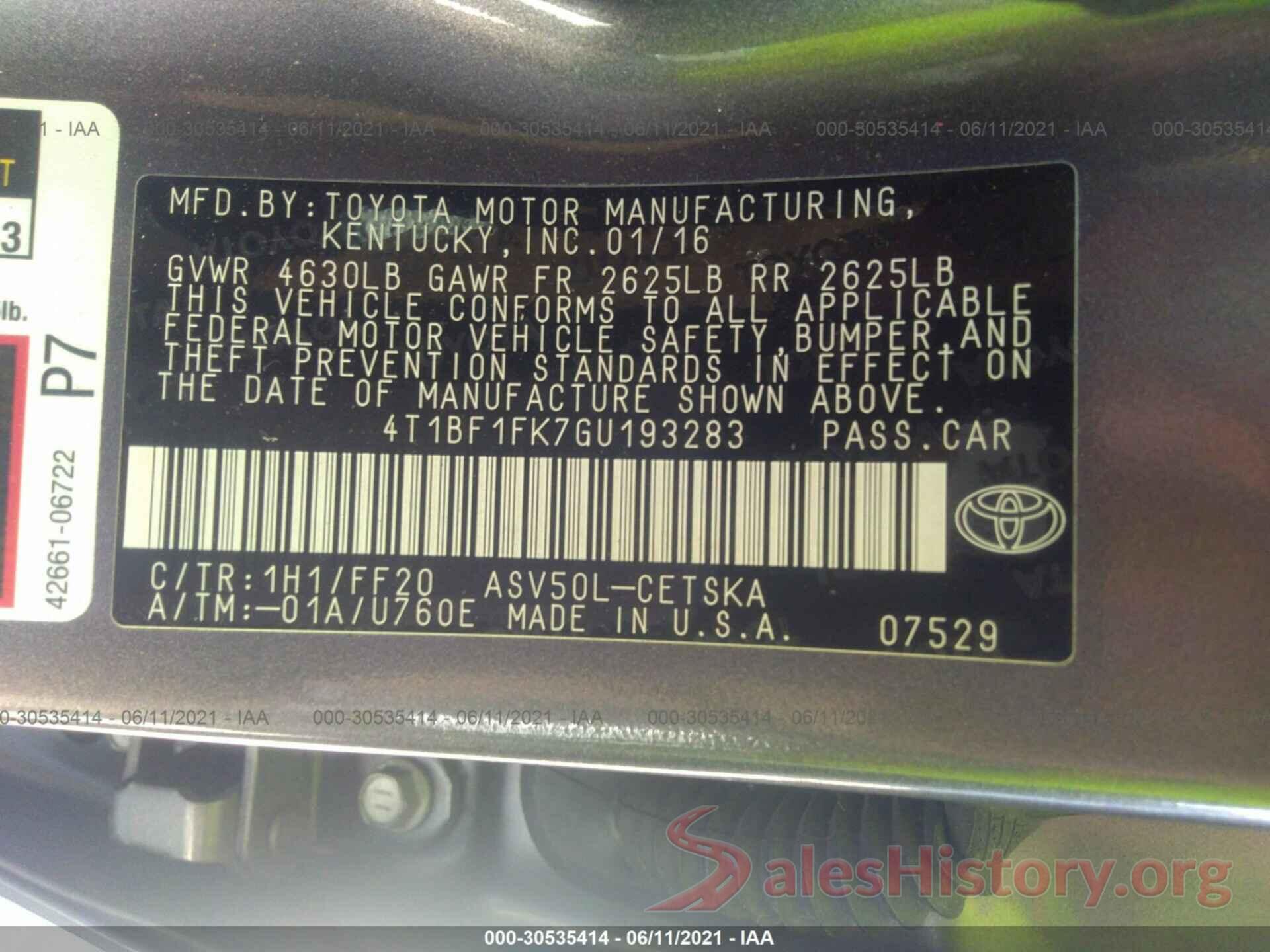 4T1BF1FK7GU193283 2016 TOYOTA CAMRY