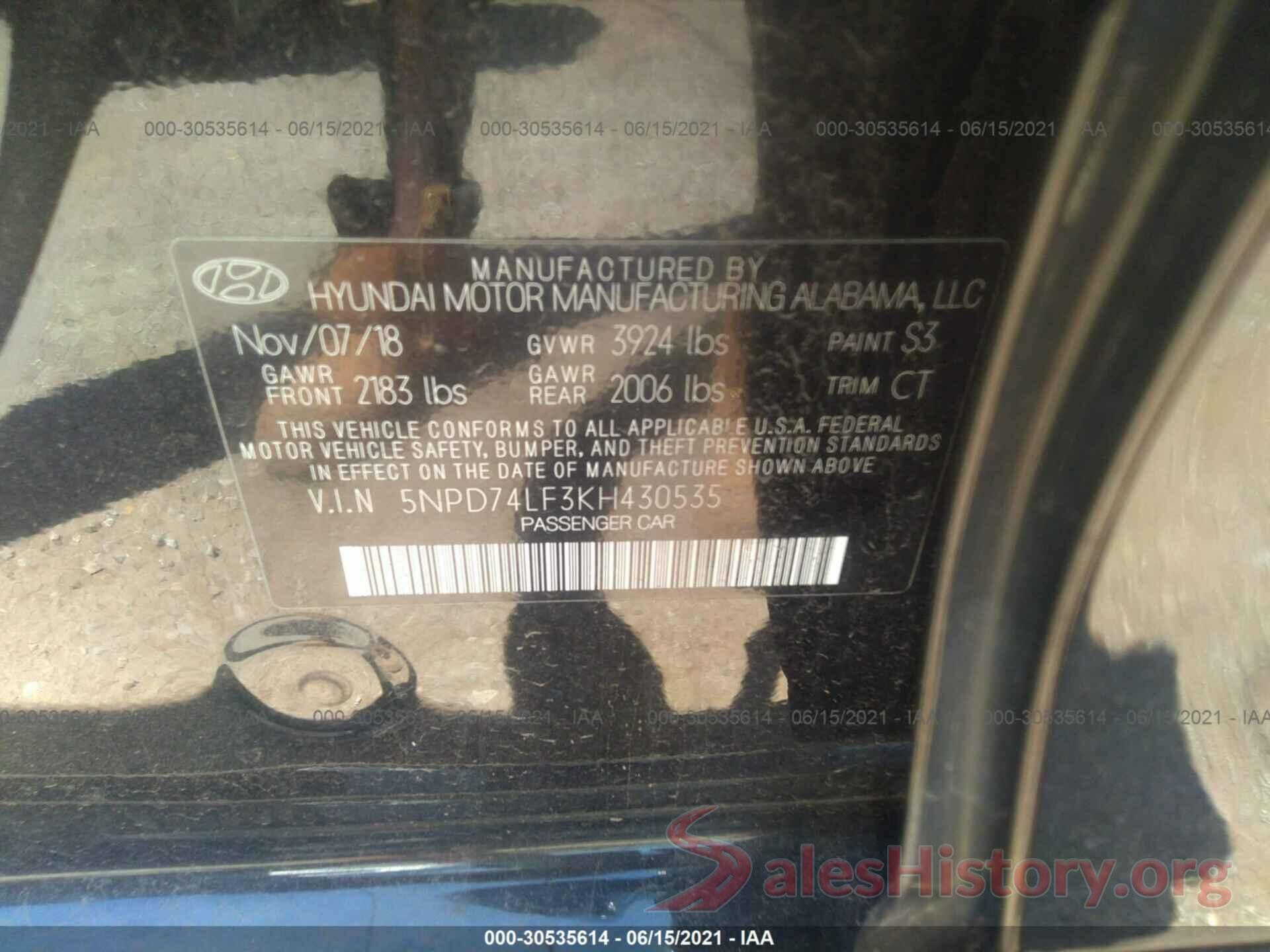 5NPD74LF3KH430535 2019 HYUNDAI ELANTRA