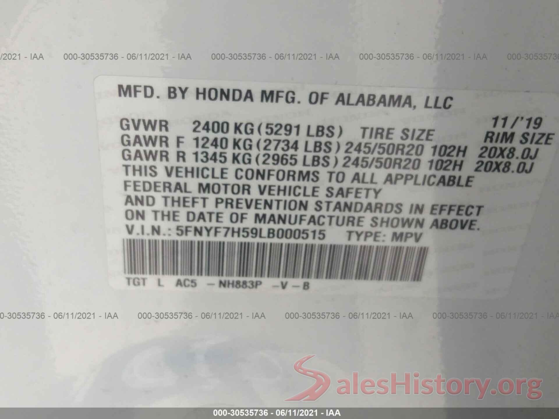 5FNYF7H59LB000515 2020 HONDA PASSPORT