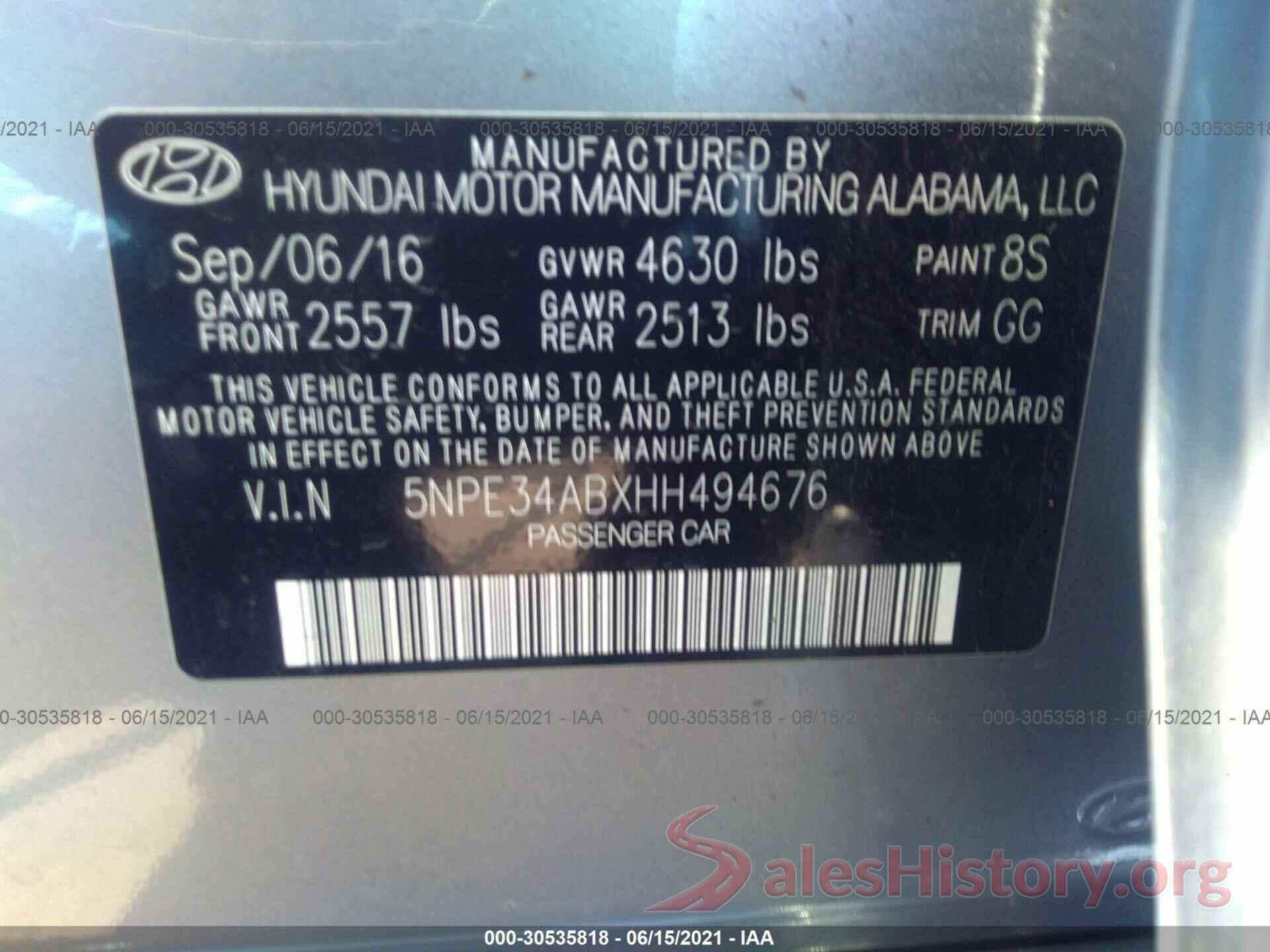 5NPE34ABXHH494676 2017 HYUNDAI SONATA