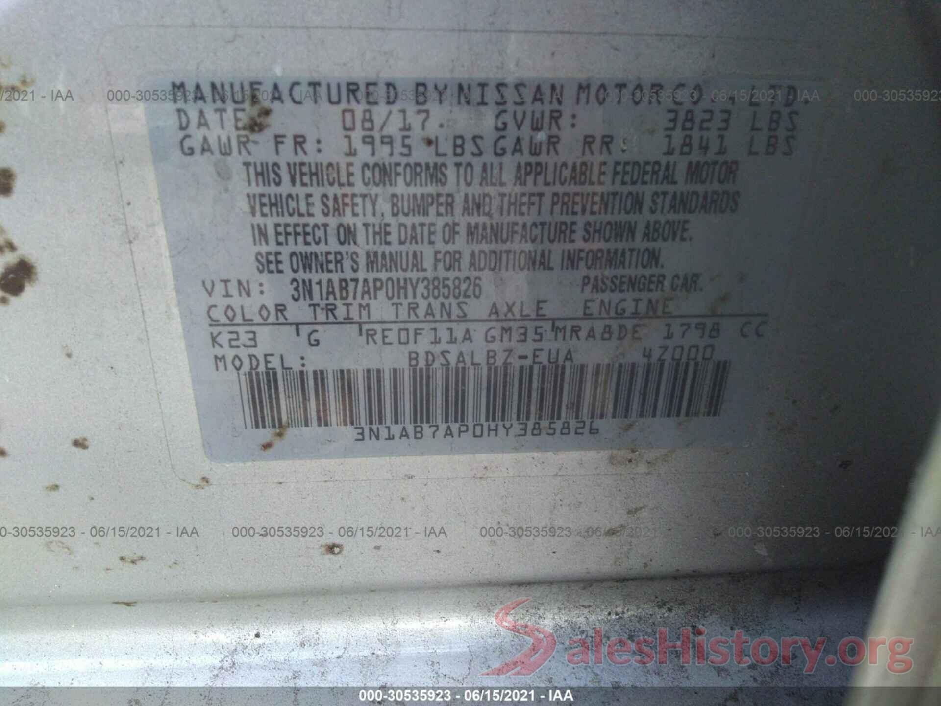 3N1AB7AP0HY385826 2017 NISSAN SENTRA