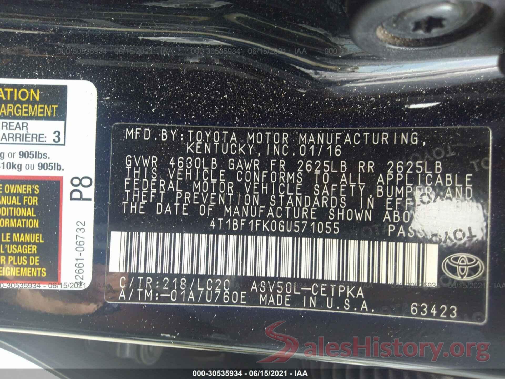 4T1BF1FK0GU571055 2016 TOYOTA CAMRY