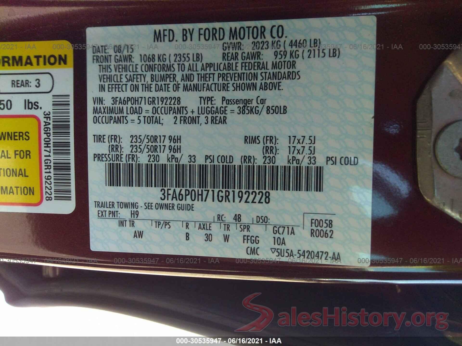 3FA6P0H71GR192228 2016 FORD FUSION