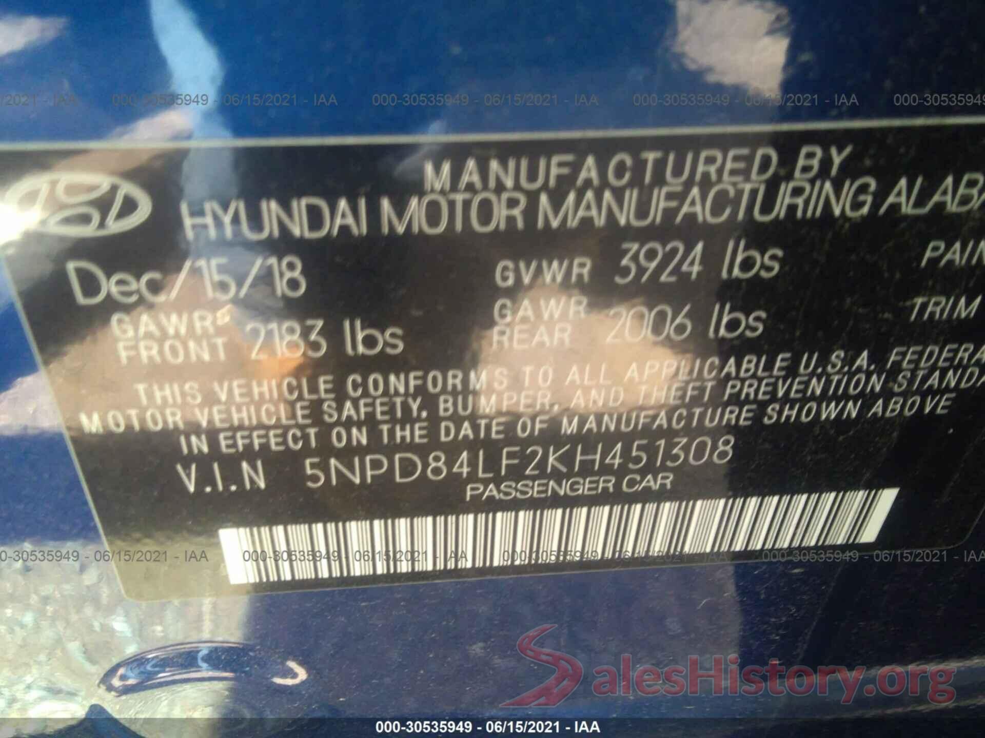 5NPD84LF2KH451308 2019 HYUNDAI ELANTRA