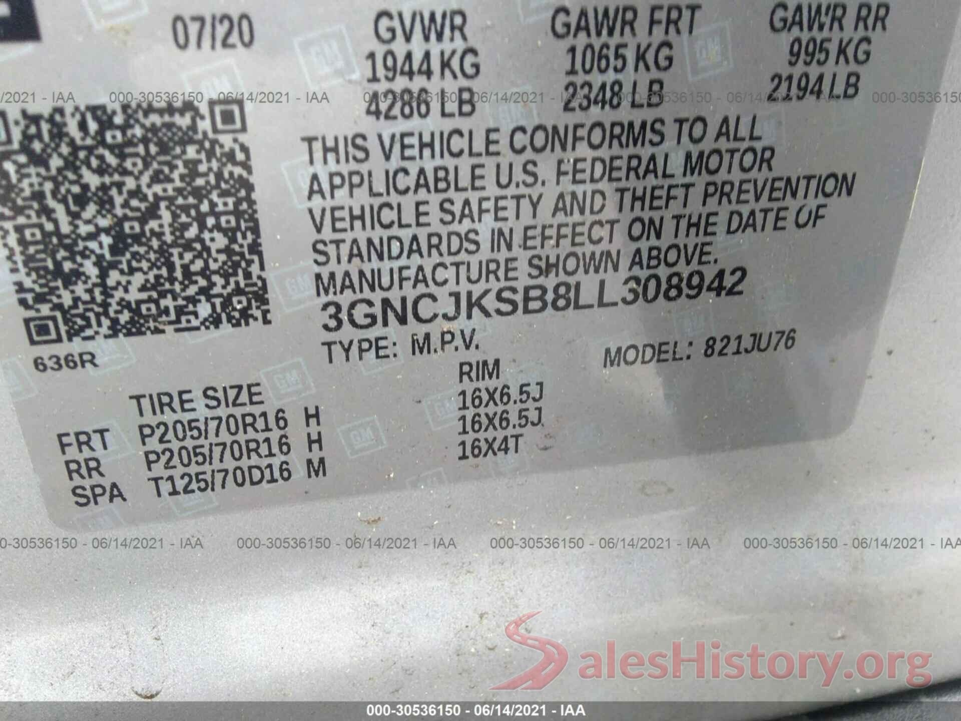 3GNCJKSB8LL308942 2020 CHEVROLET TRAX