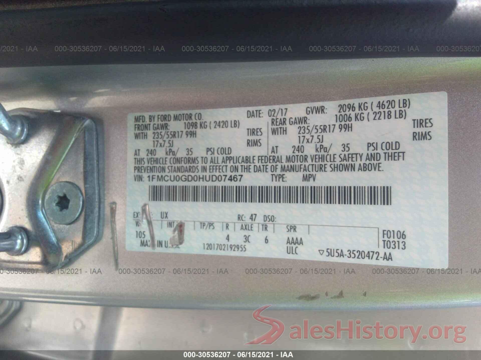 1FMCU0GD0HUD07467 2017 FORD ESCAPE