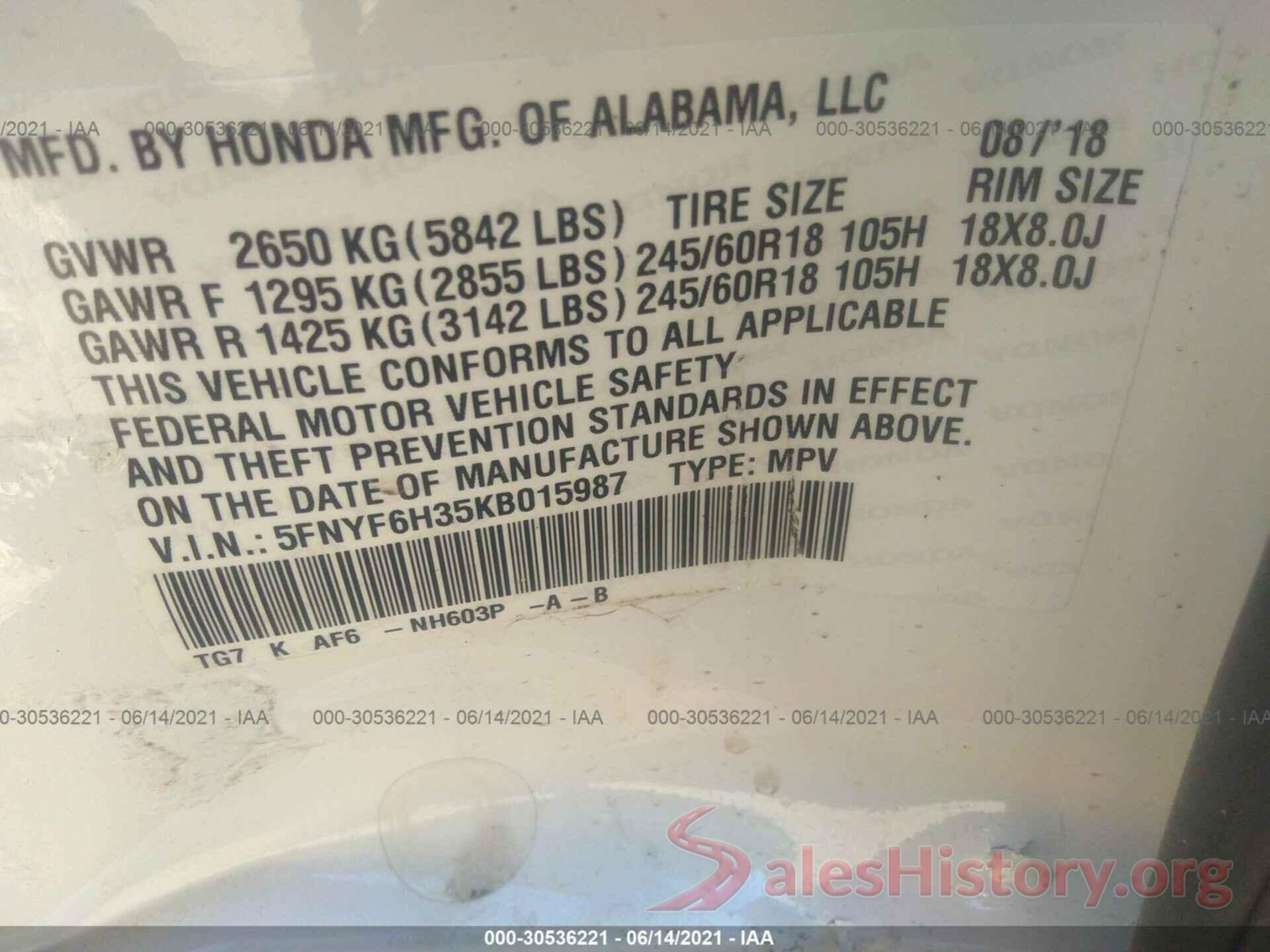 5FNYF6H35KB015987 2019 HONDA PILOT